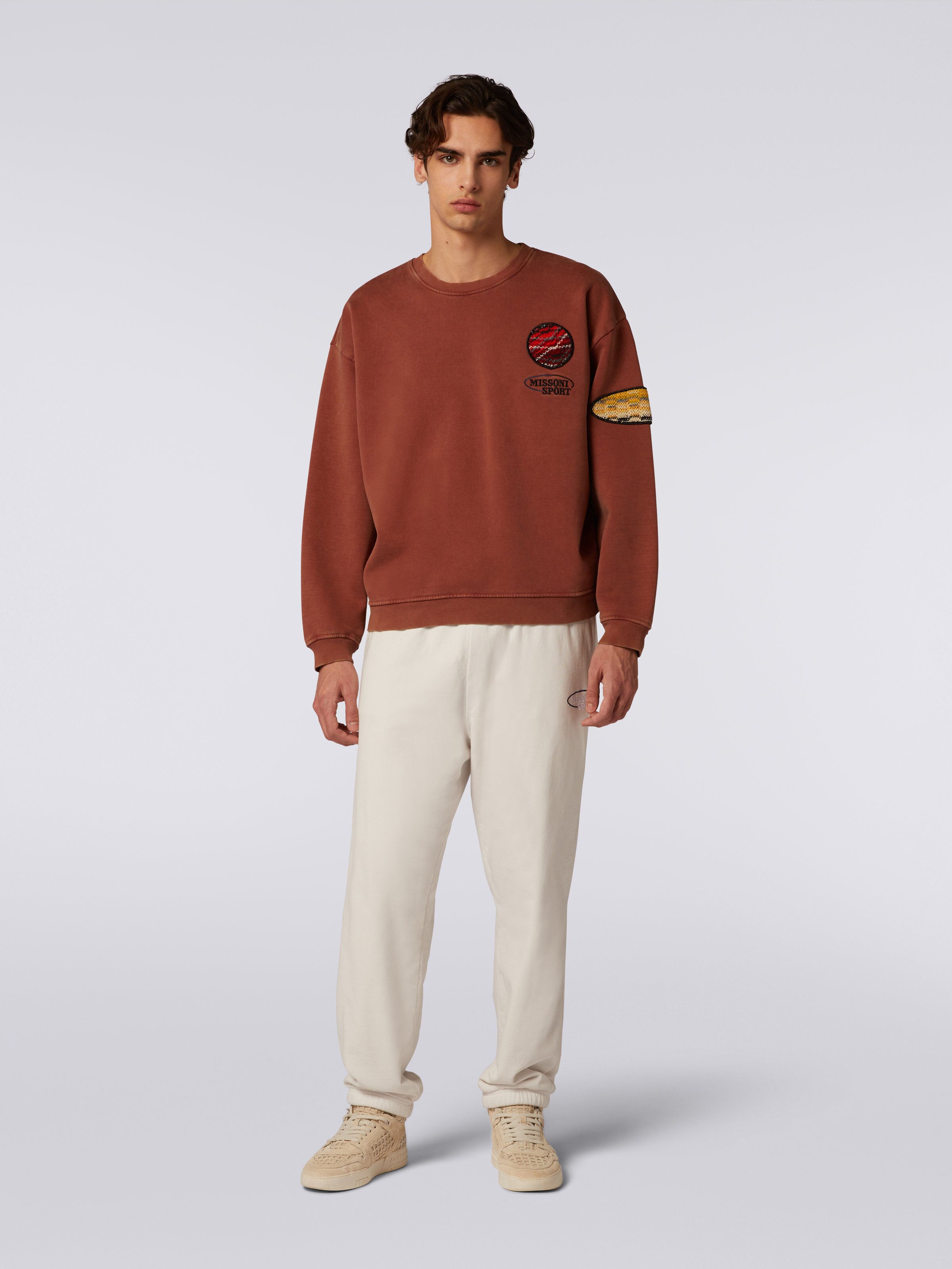 Cotton fleece crew-neck pullover with knitted insert, Rust - 1