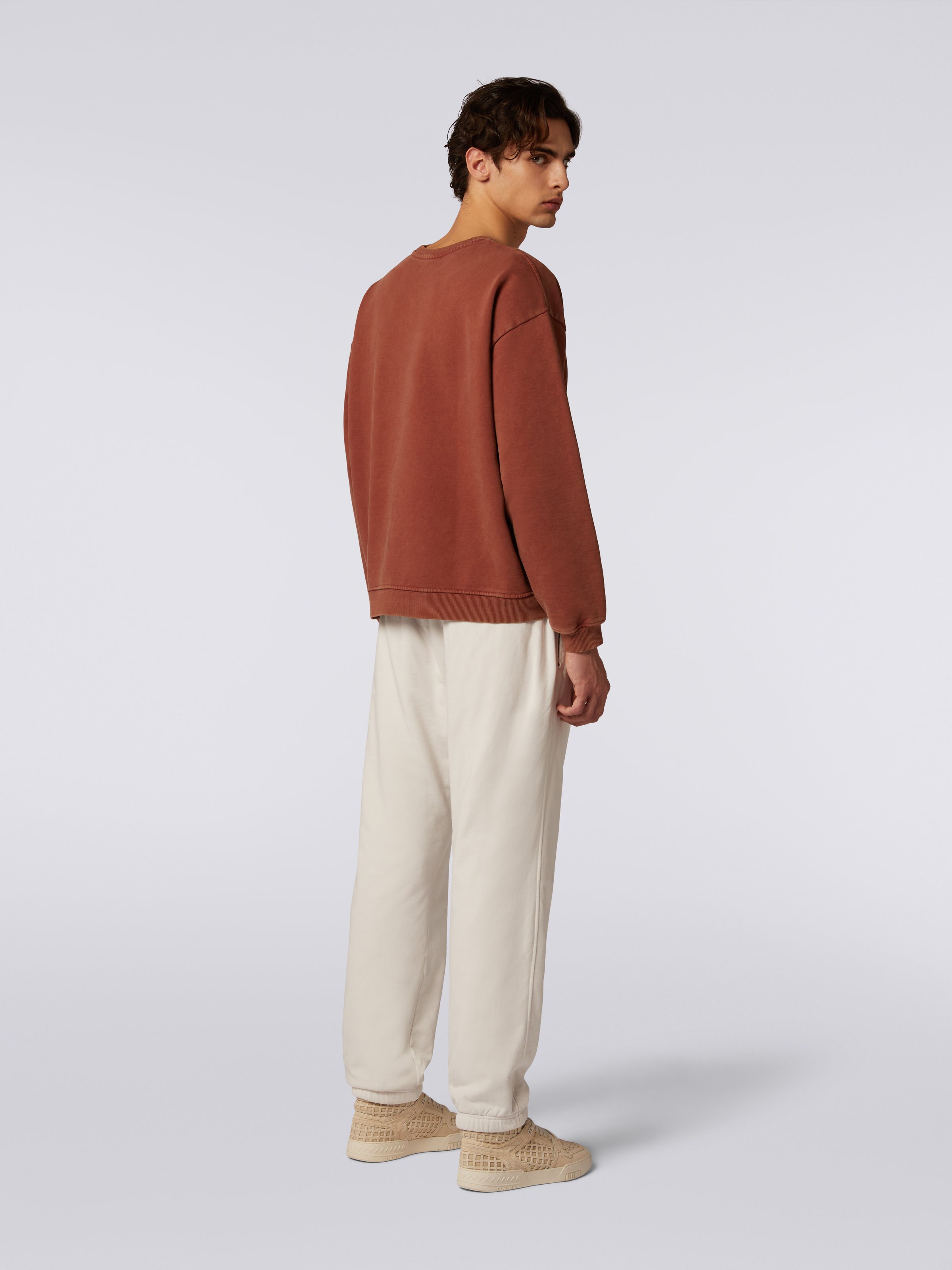 Cotton fleece crew-neck pullover with knitted insert, Rust - 3