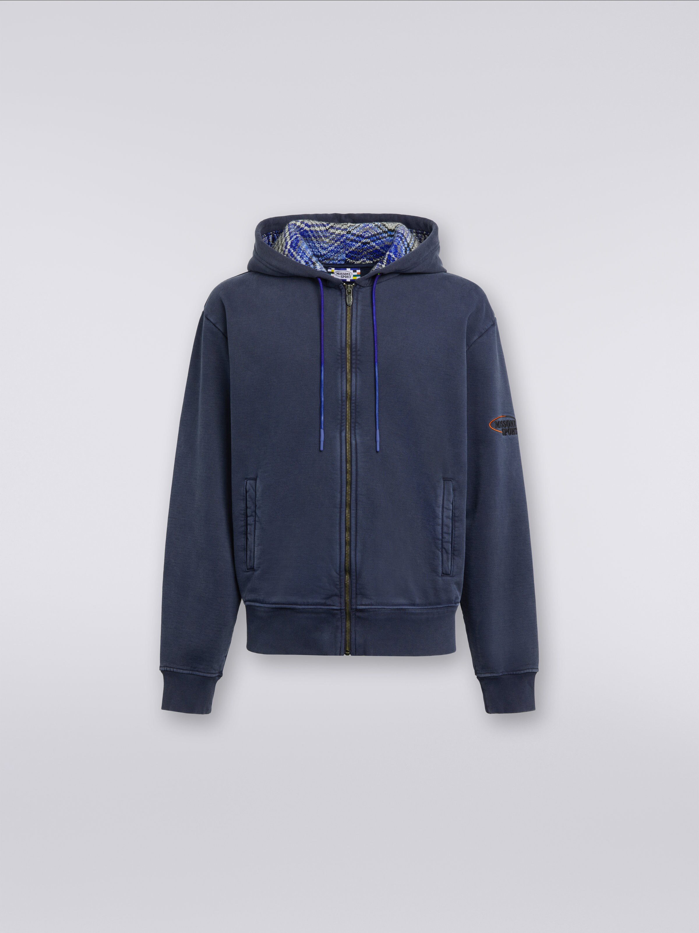 Felpa in cotone con cappuccio e zip, Blu - 0