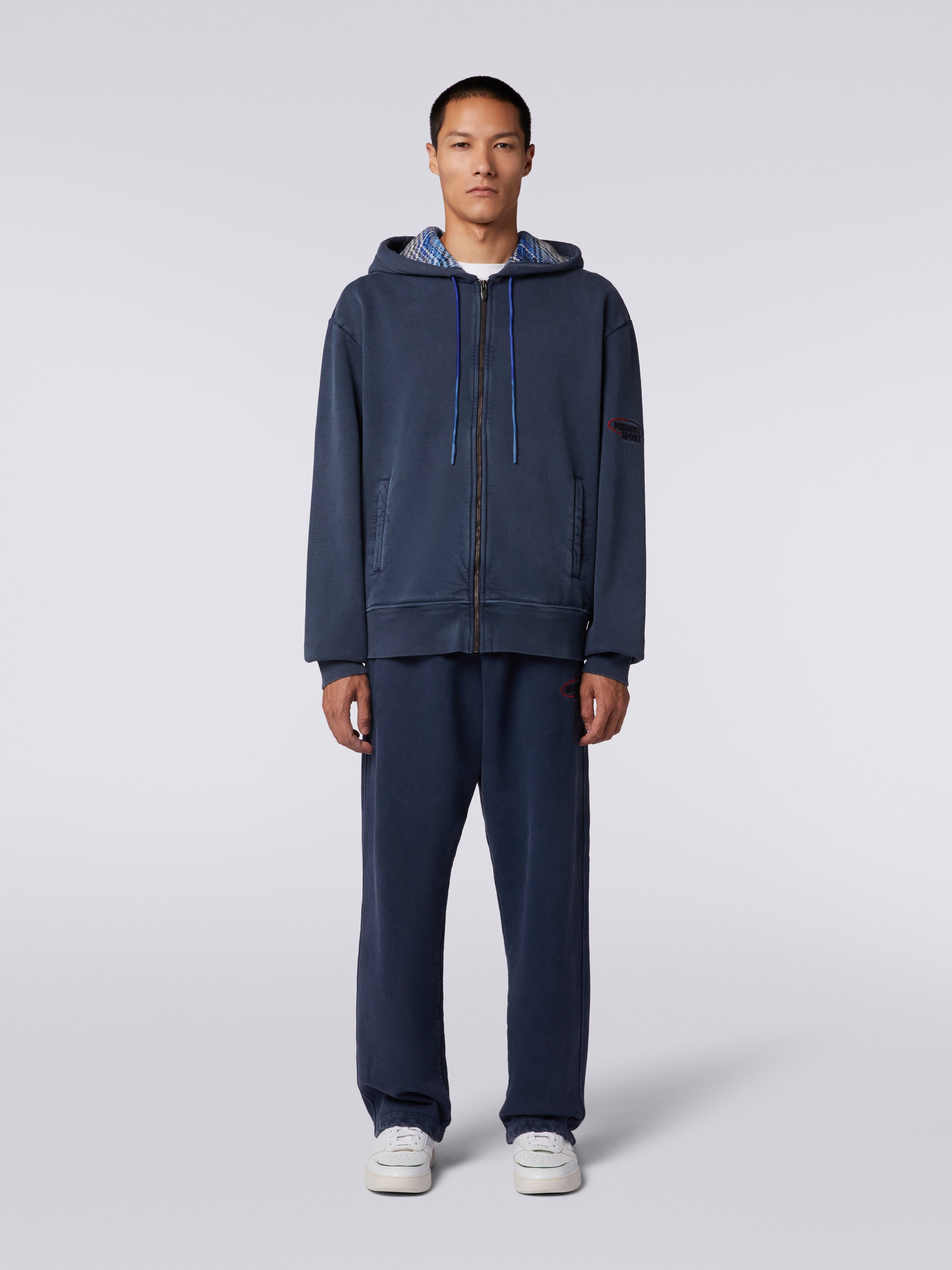 Felpa in cotone con cappuccio e zip, Blu - 1