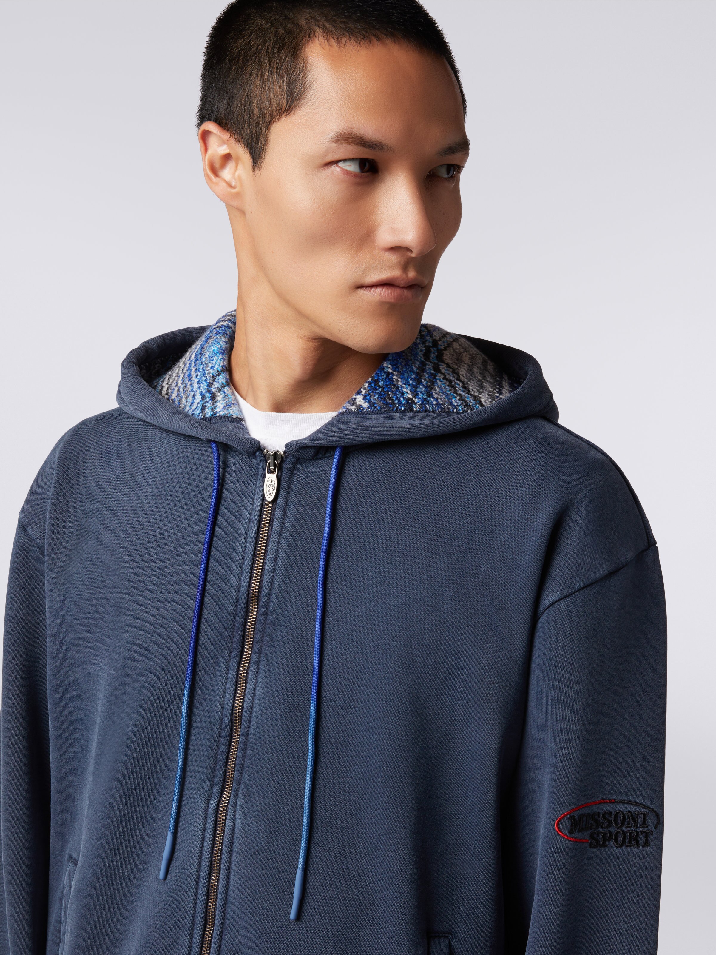 Felpa in cotone con cappuccio e zip, Blu - 4