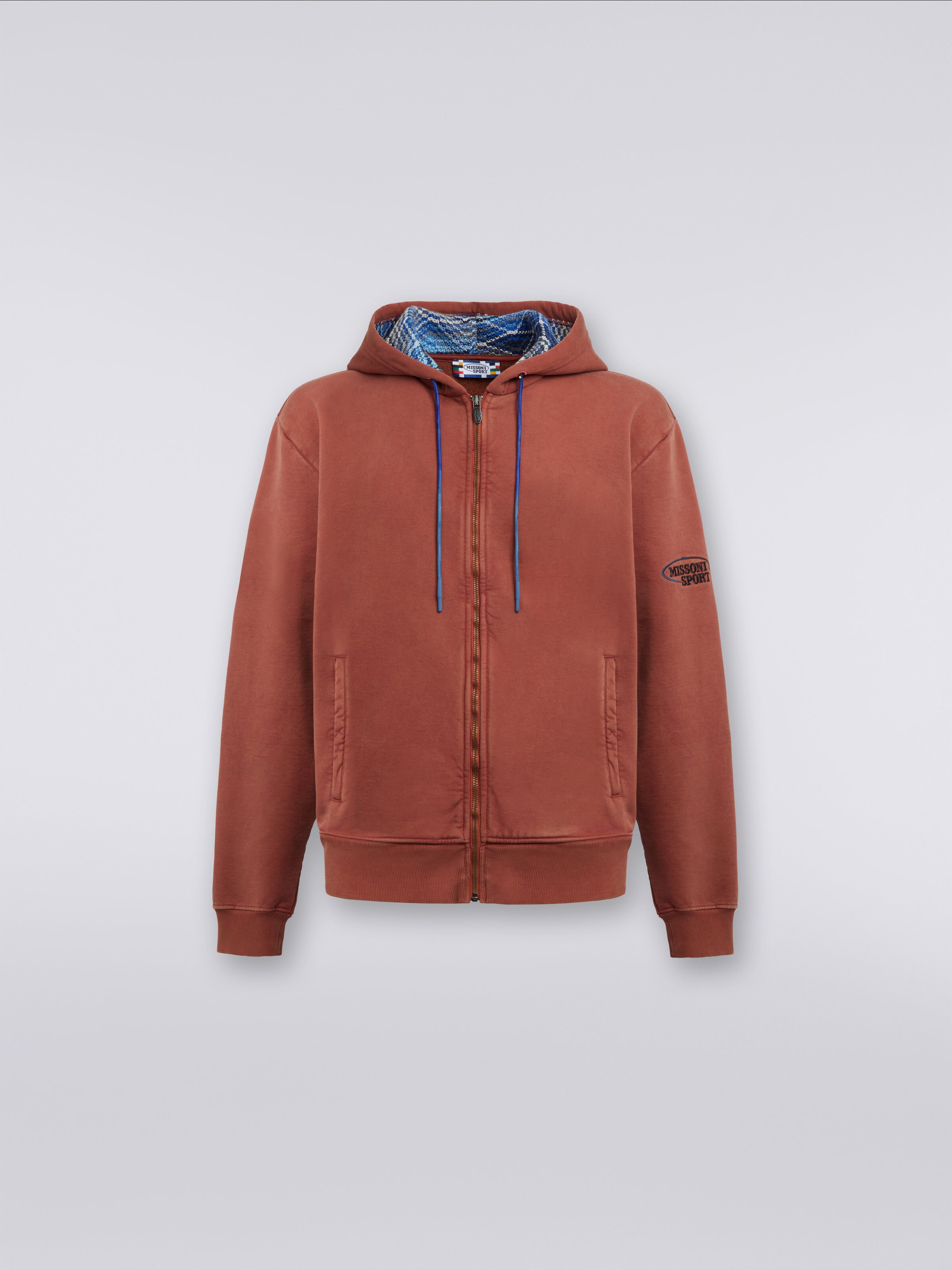 Felpa in cotone con cappuccio e zip, Ruggine - 0