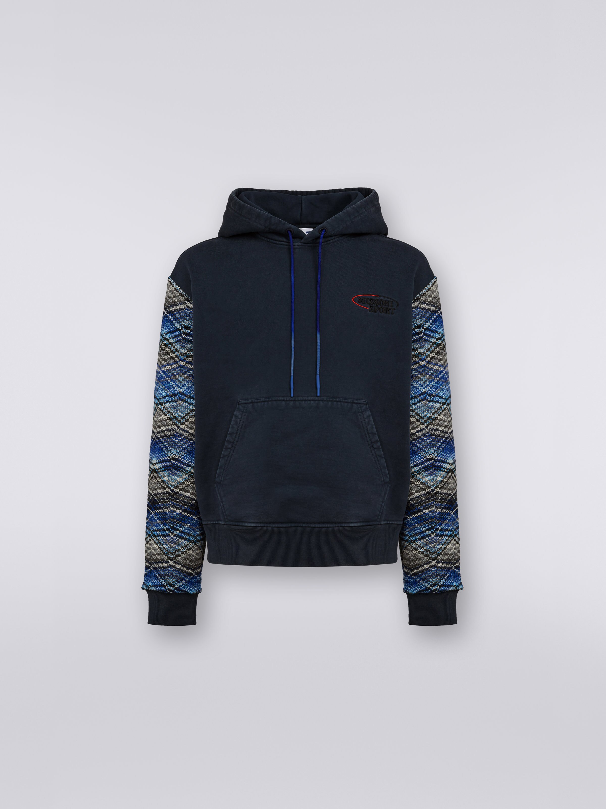 Sudadera con capucha de algodón con inserciones de punto, Azul Oscuro - 0