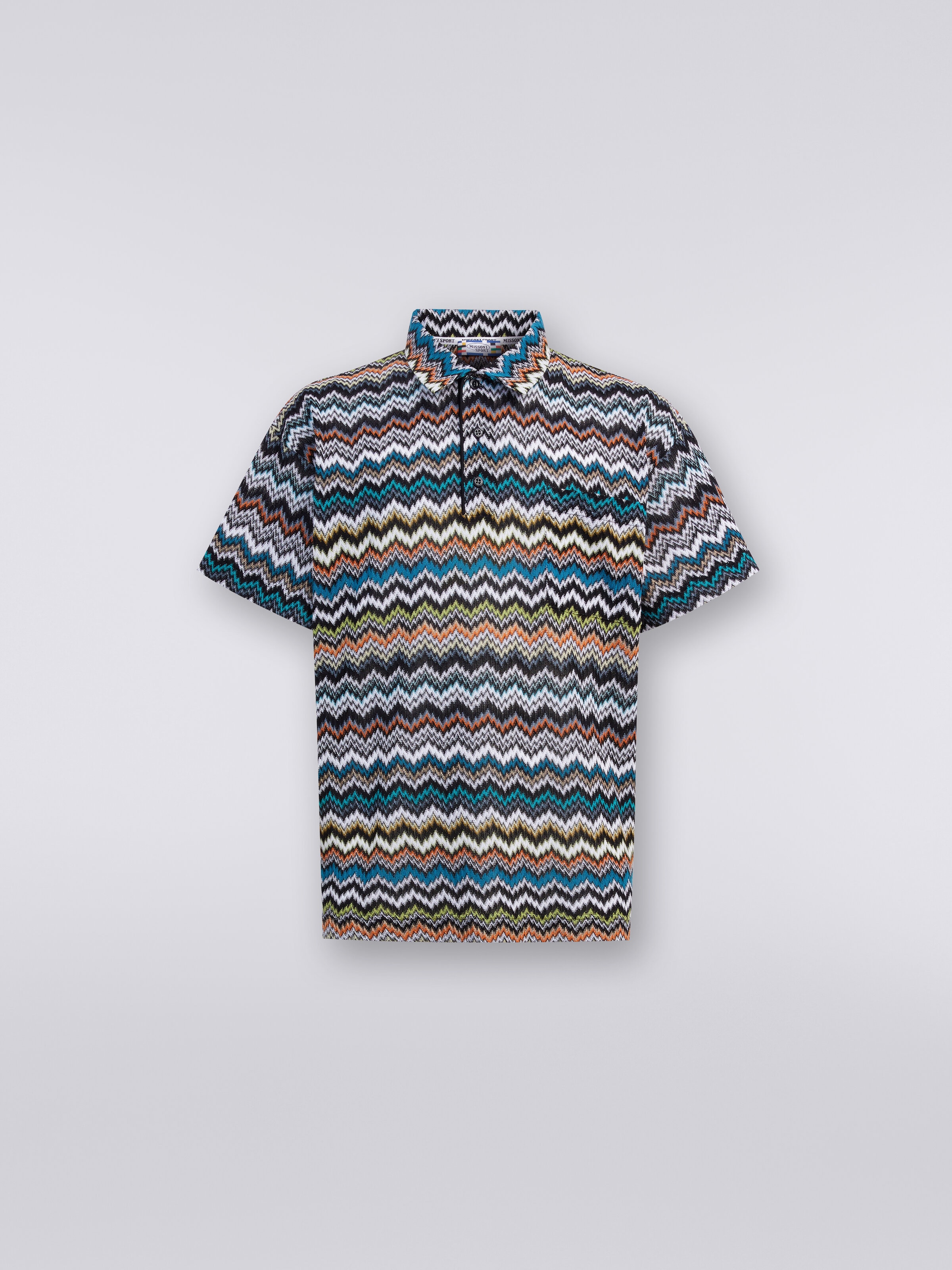 Poloshirt aus Viskose- und Baumwollstrick mit Zickzackmuster, Mehrfarbig  - 0