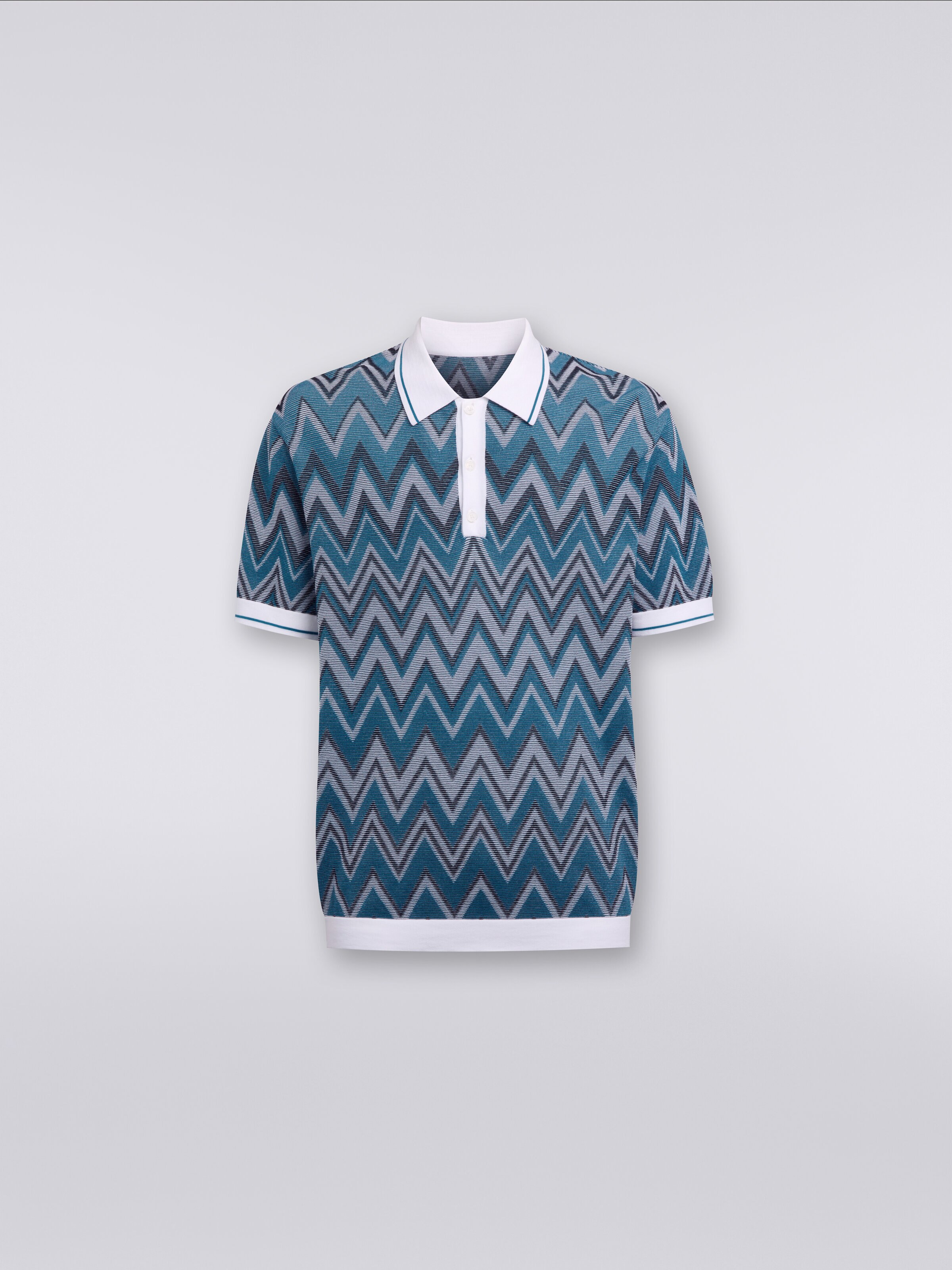 Polo in maglia zig zag con dettagli tinta unita, Nero    - 0