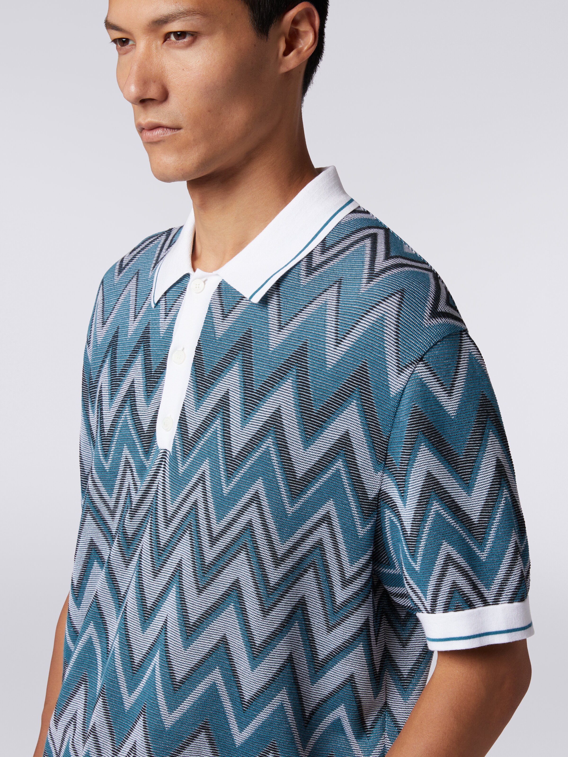 Polo in maglia zig zag con dettagli tinta unita, Nero    - 4