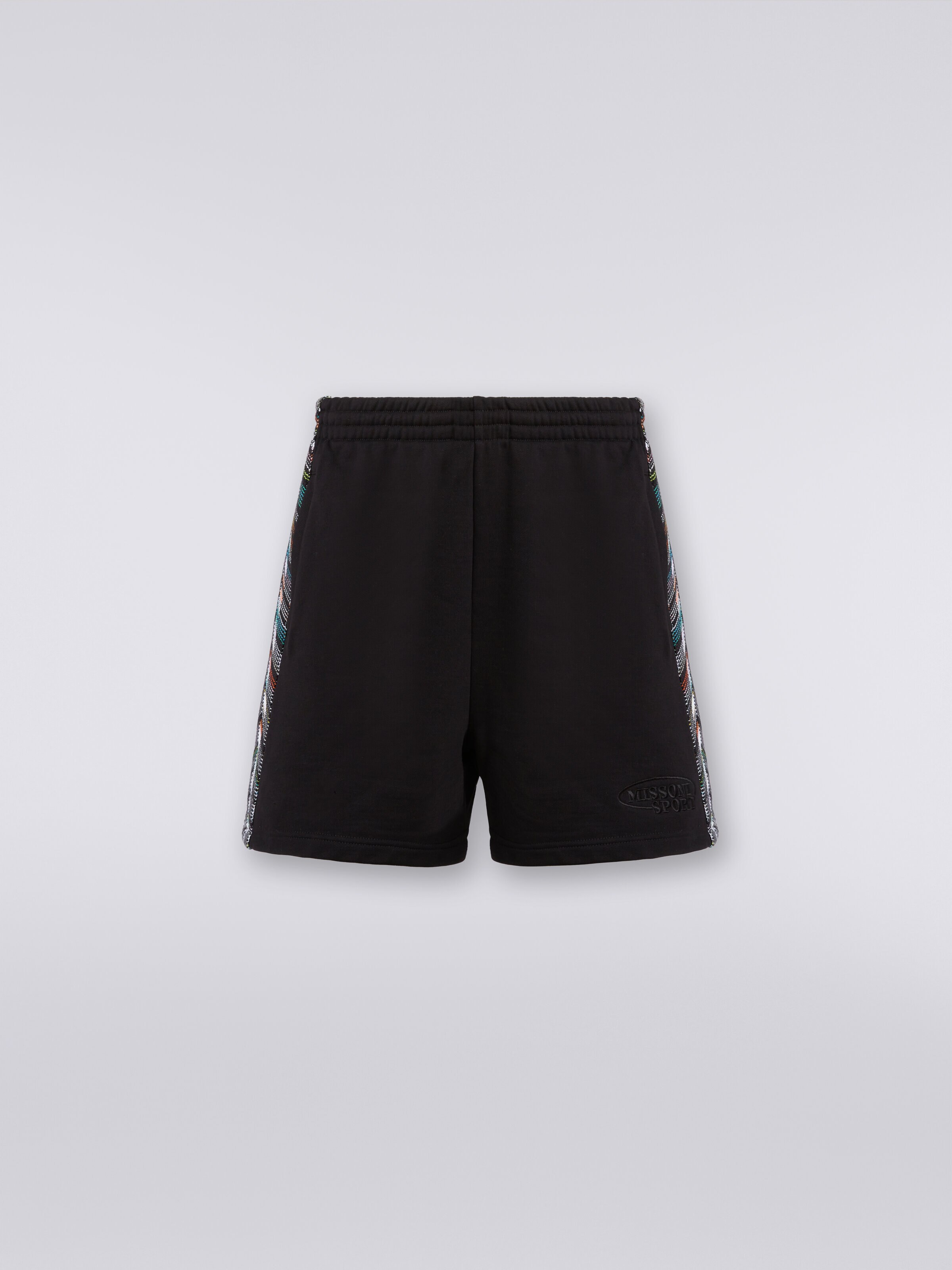 Shorts in felpa con logo e bande laterali in maglia, Nero    - 0