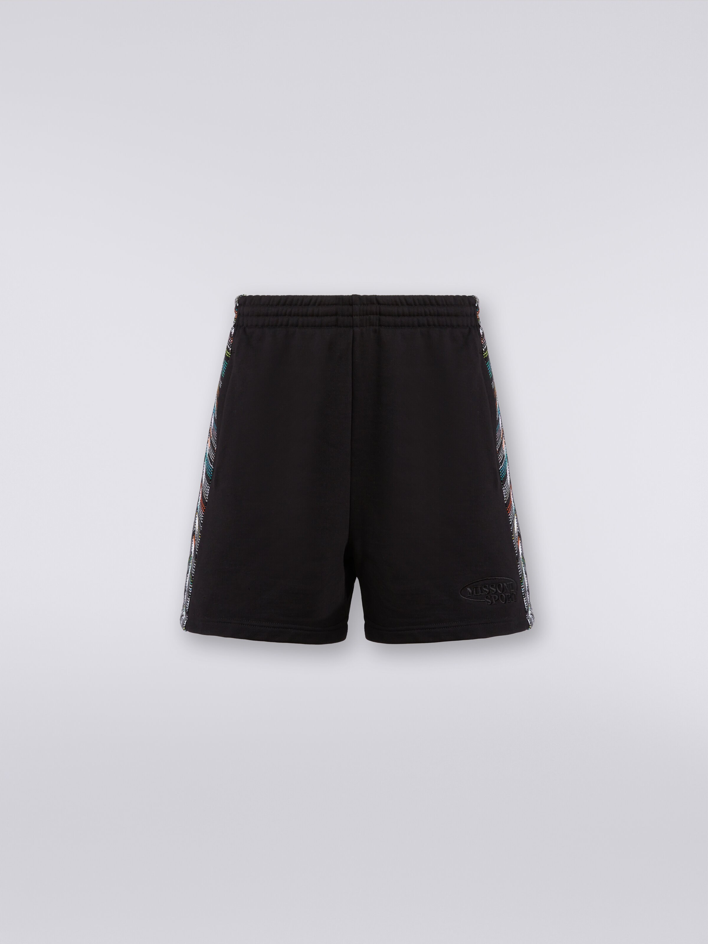 Short en sweat avec logo et bandes latérales en mailles, Noir    - 0