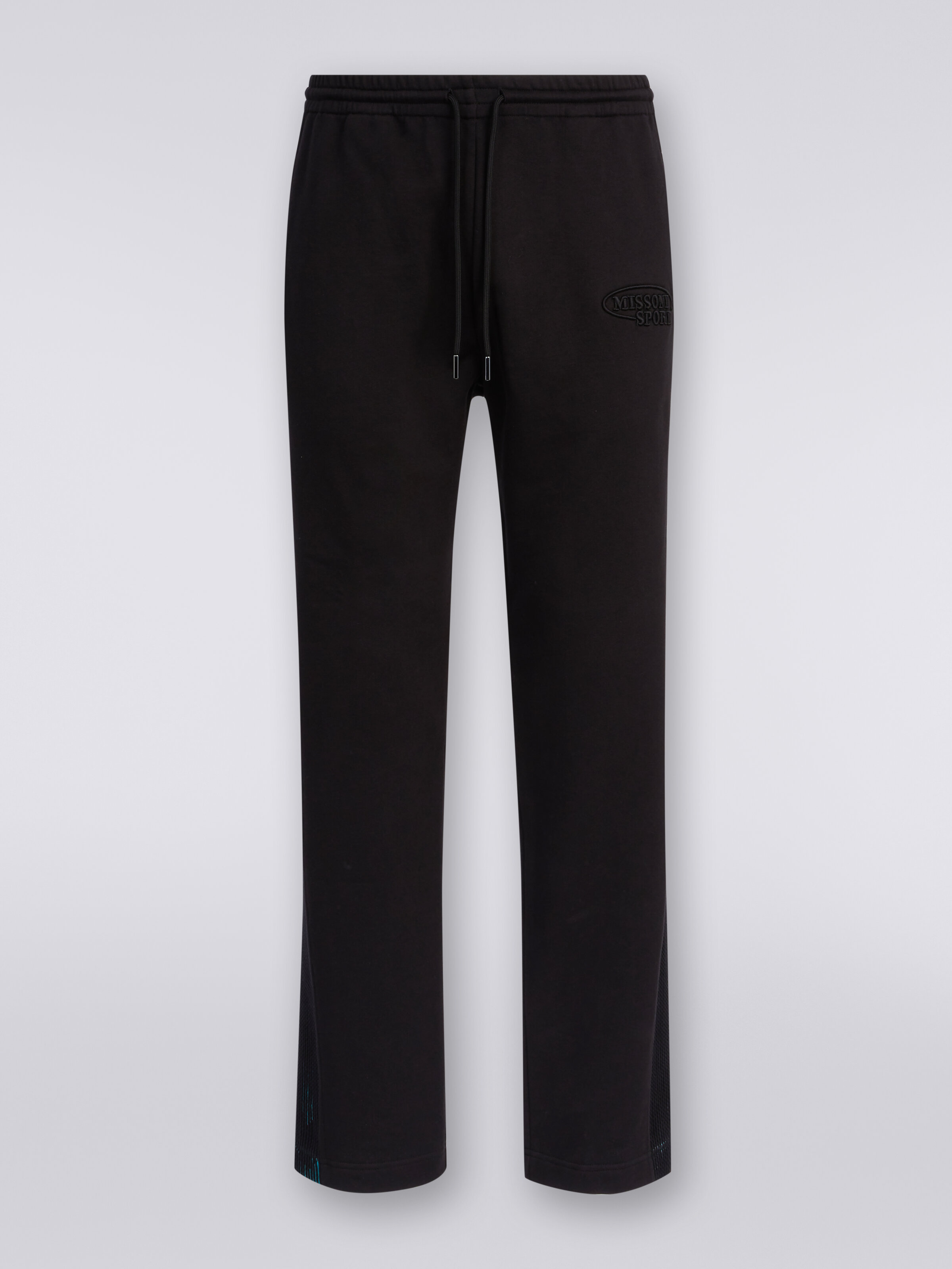Pantalones en felpa con logotipo y bandas laterales de punto, Negro    - 0