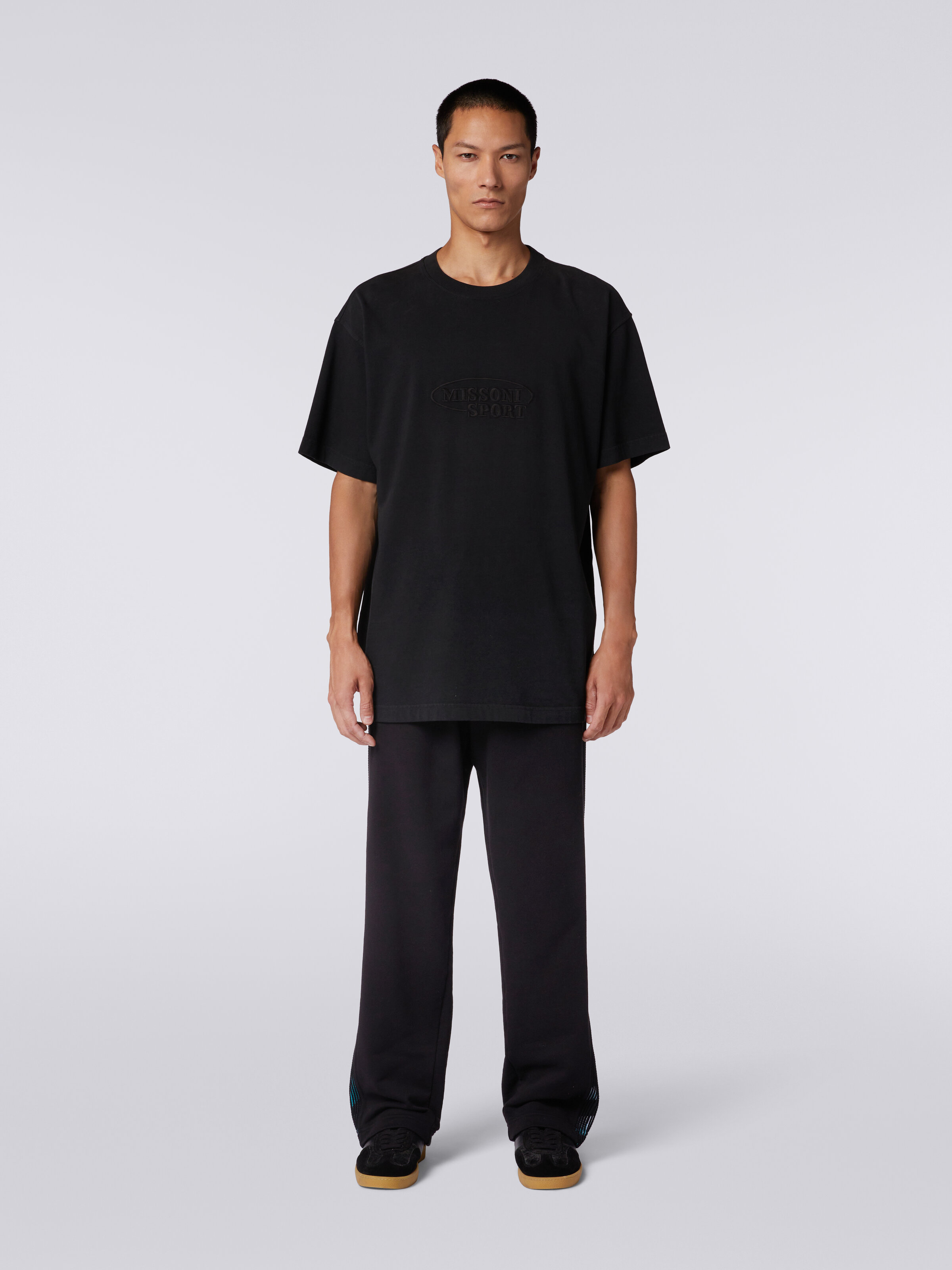 Pantalon en sweat avec logo et bandes latérales en mailles, Noir    - 1