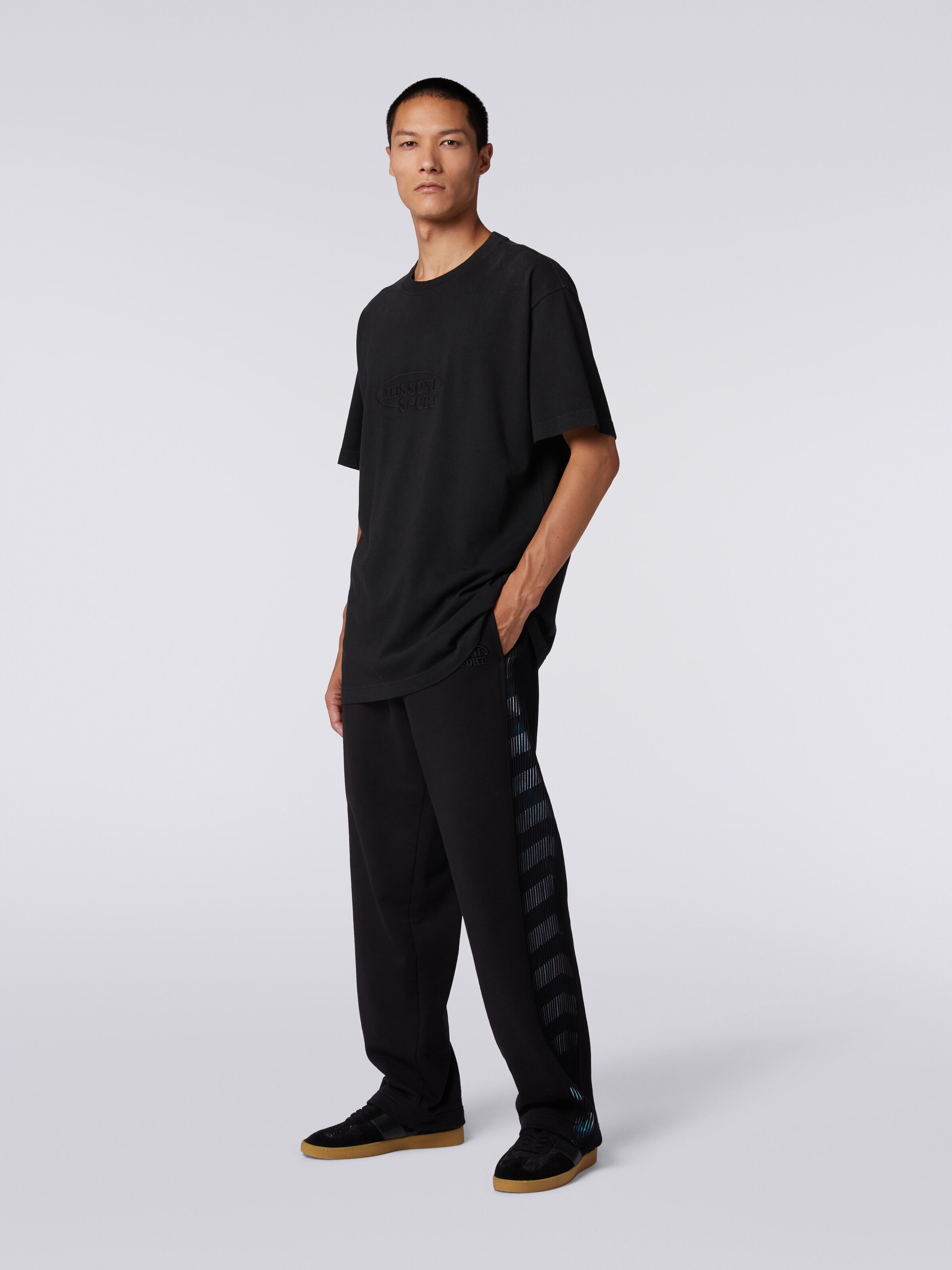 Pantaloni in felpa con logo e bande laterali in maglia, Nero    - 2