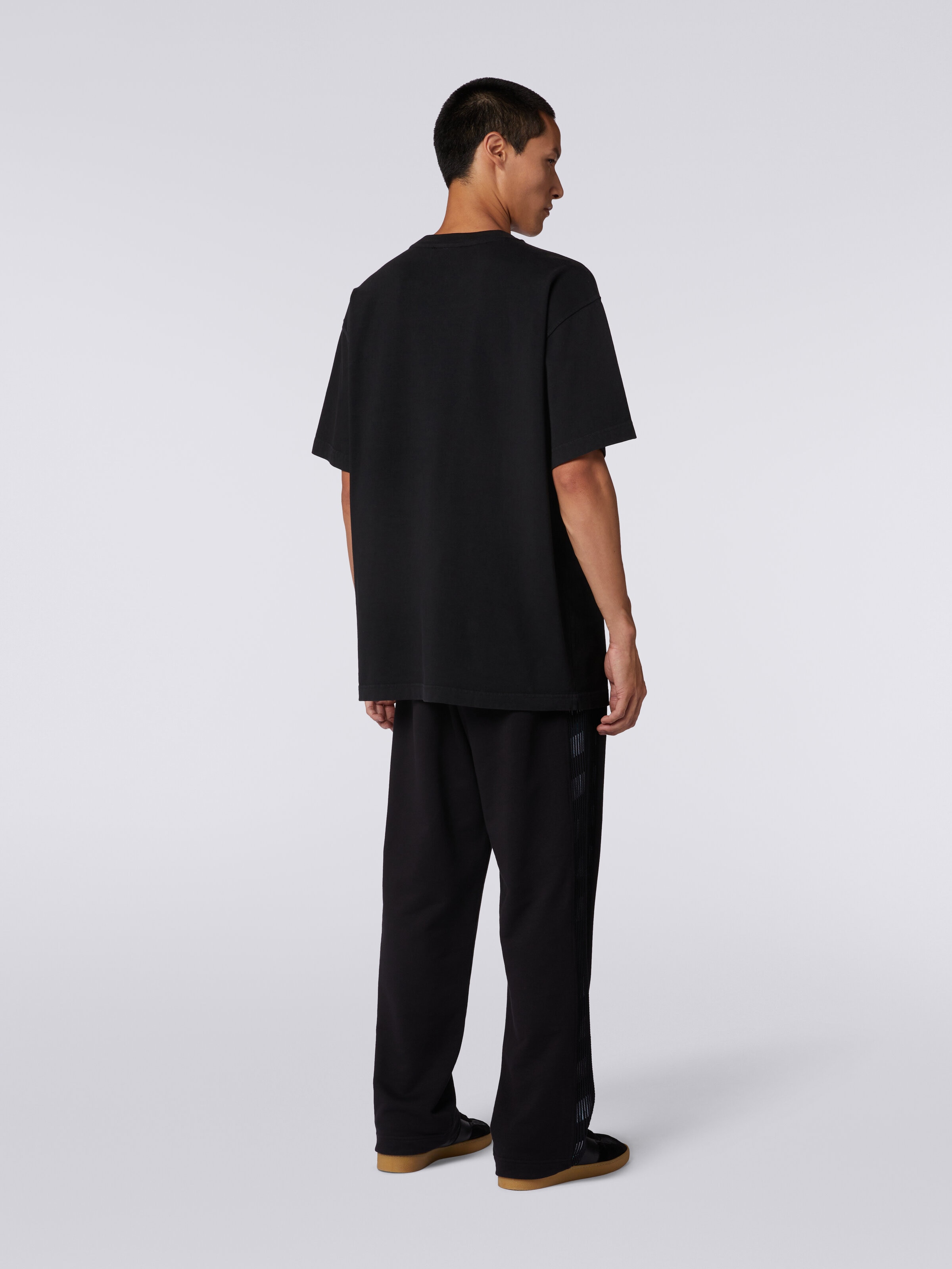 Pantalones en felpa con logotipo y bandas laterales de punto, Negro    - 3