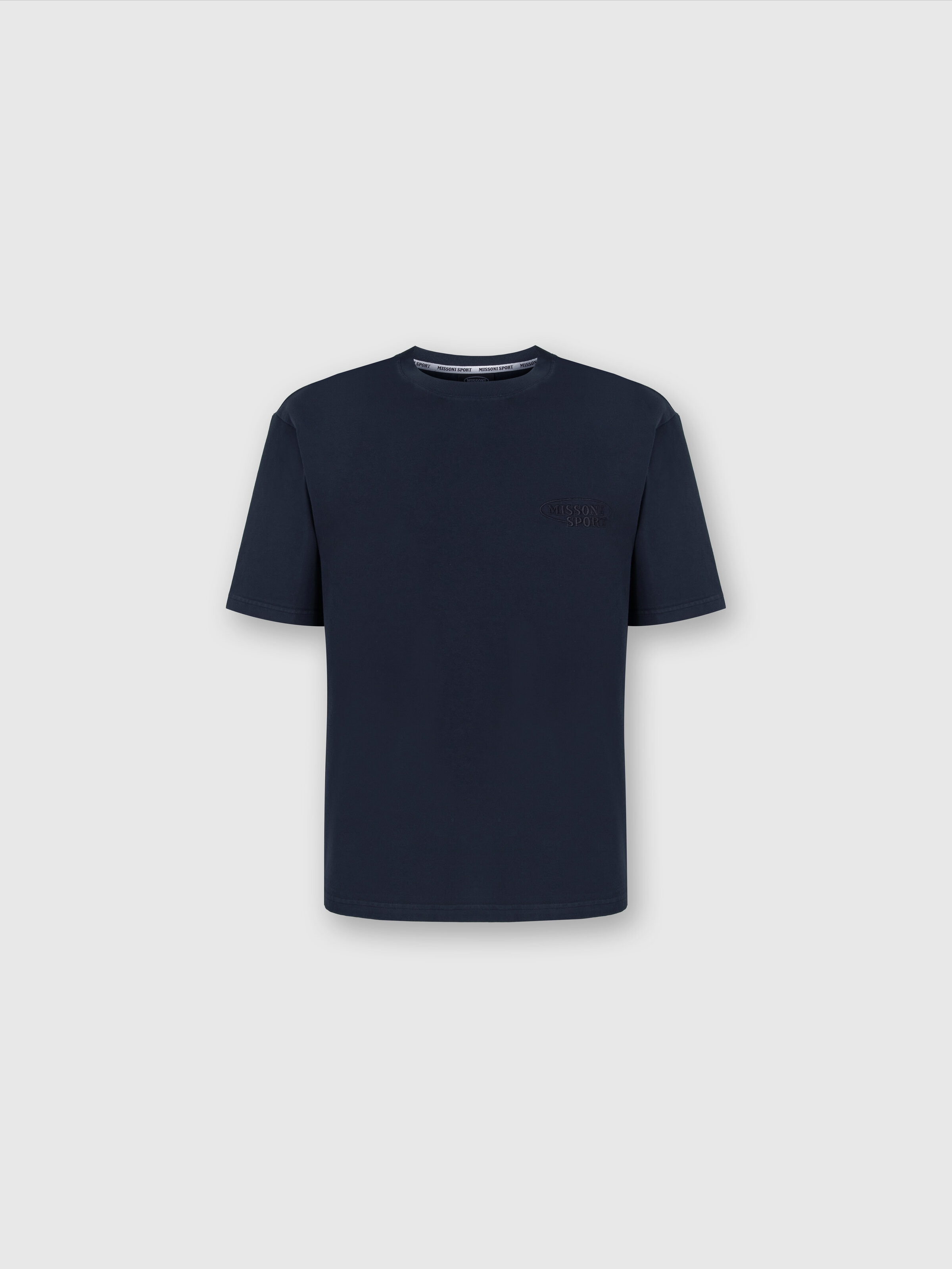 Camiseta de cuello redondo de algodón con logotipo, Azul Marino  - 0