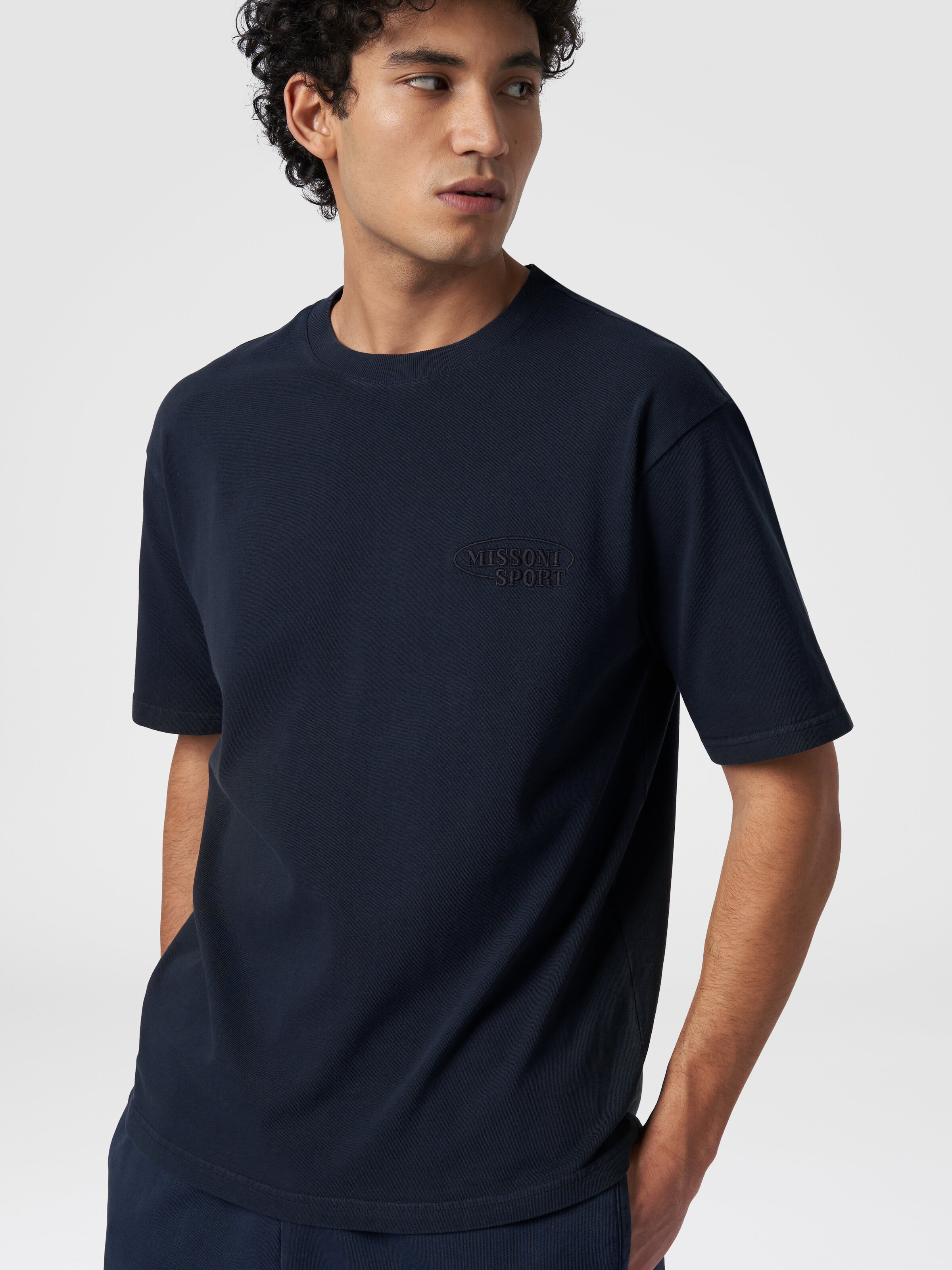 T-shirt à col rond en coton avec logo, Bleu Marine  - 3