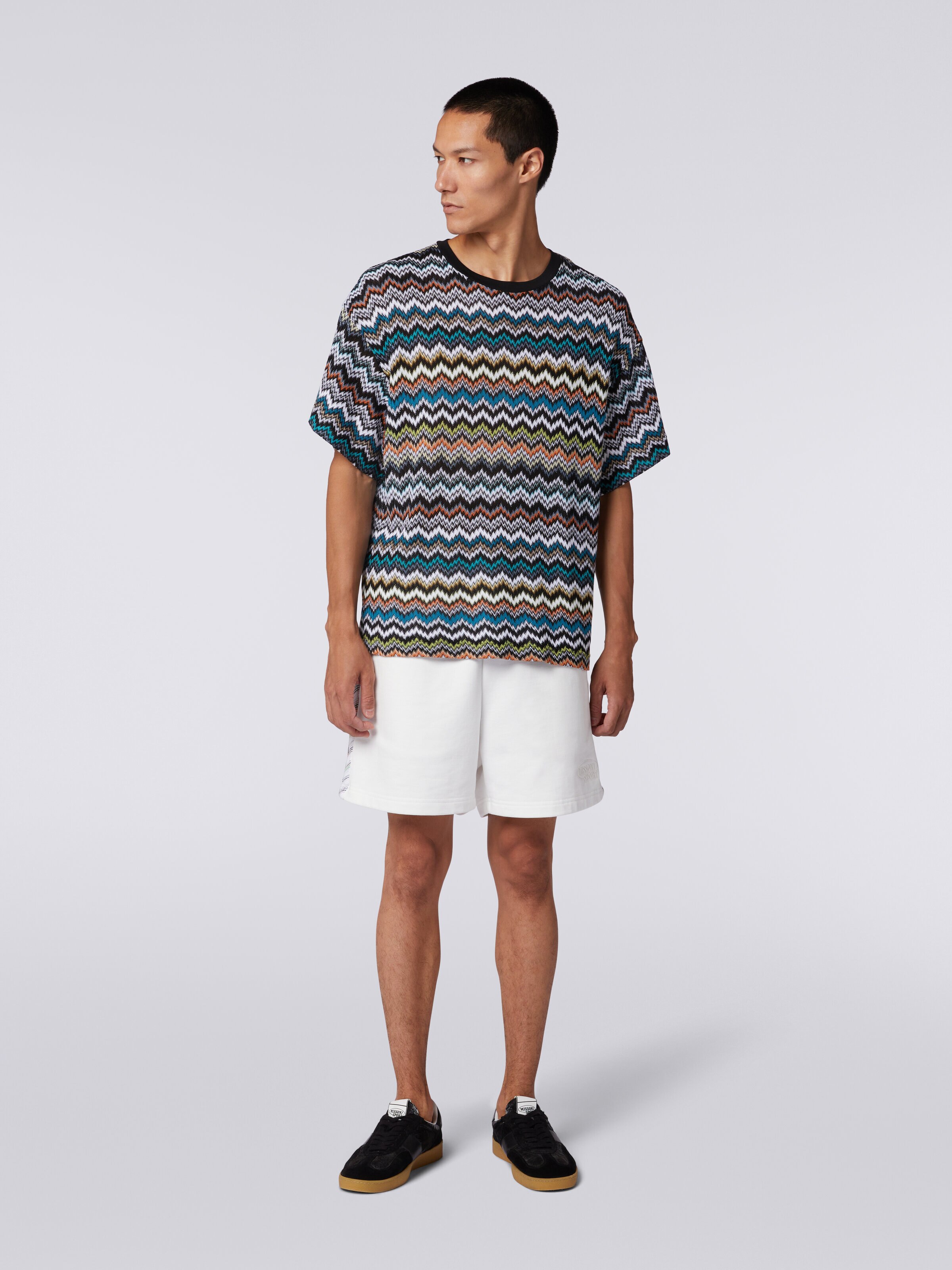 T-shirt à col rond en mailles de coton à zig zag, Multicolore  - 1