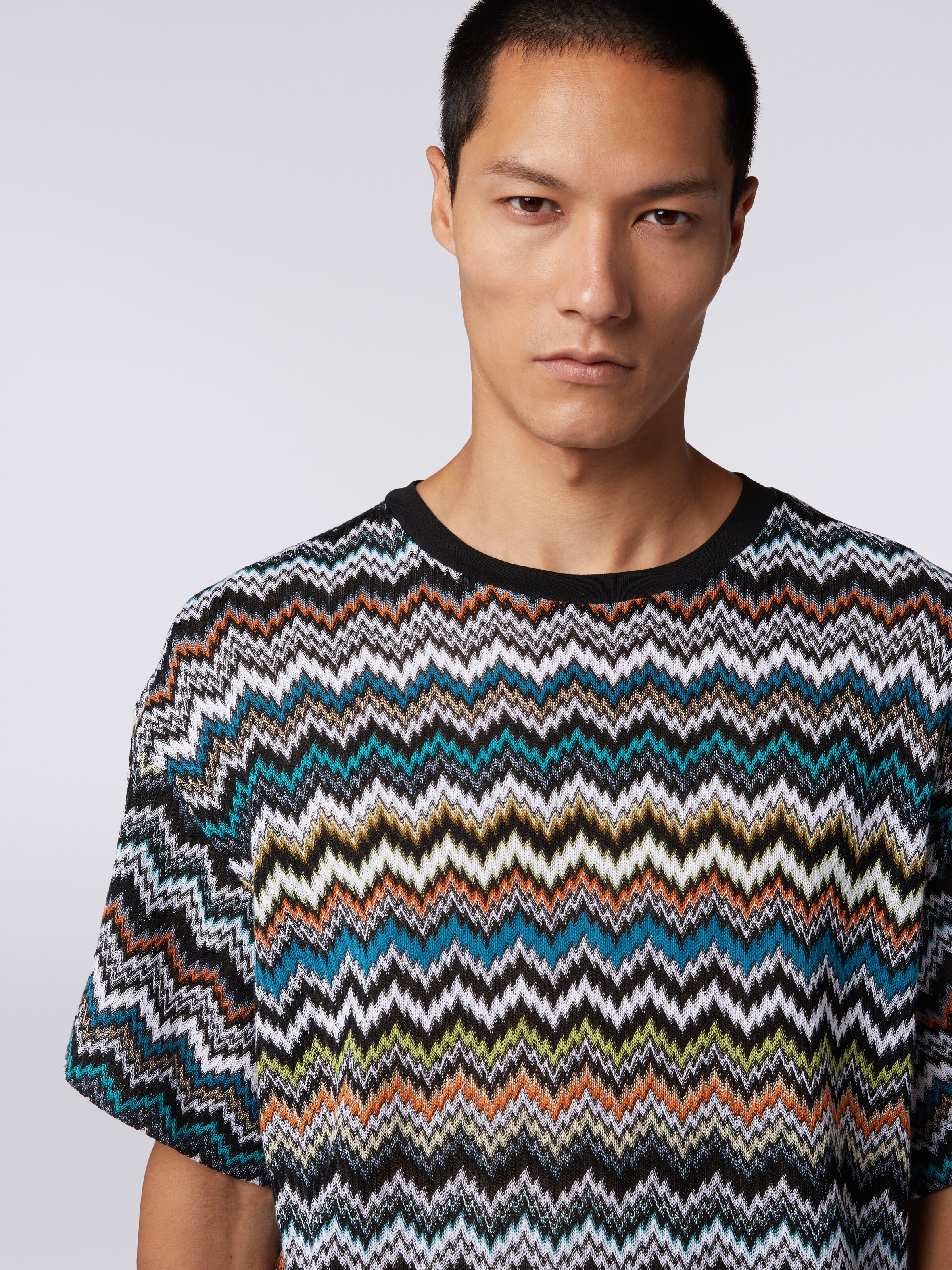Crew-neck T-shirt in zigzag cotton knit, Multicoloured  - 4