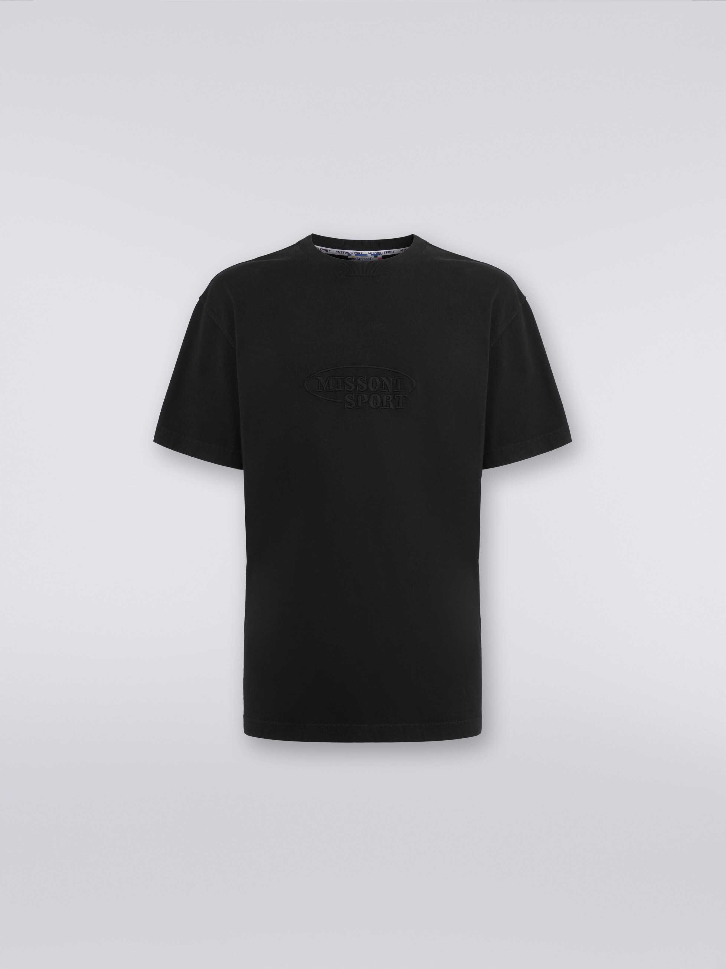 Camiseta de cuello redondo de algodón con logotipo, Negro    - 0
