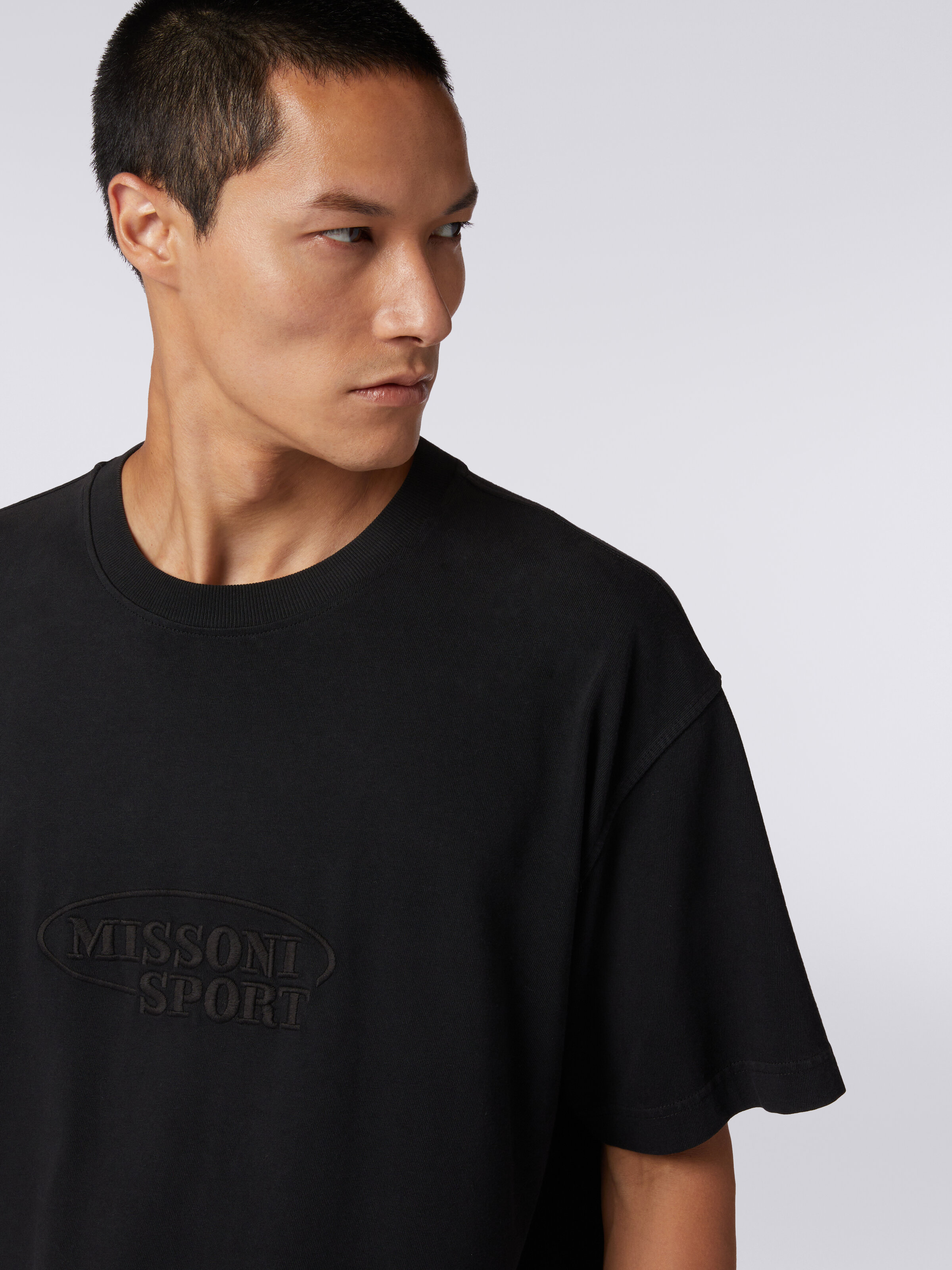 T-shirt à col rond en coton avec logo, Noir    - 4