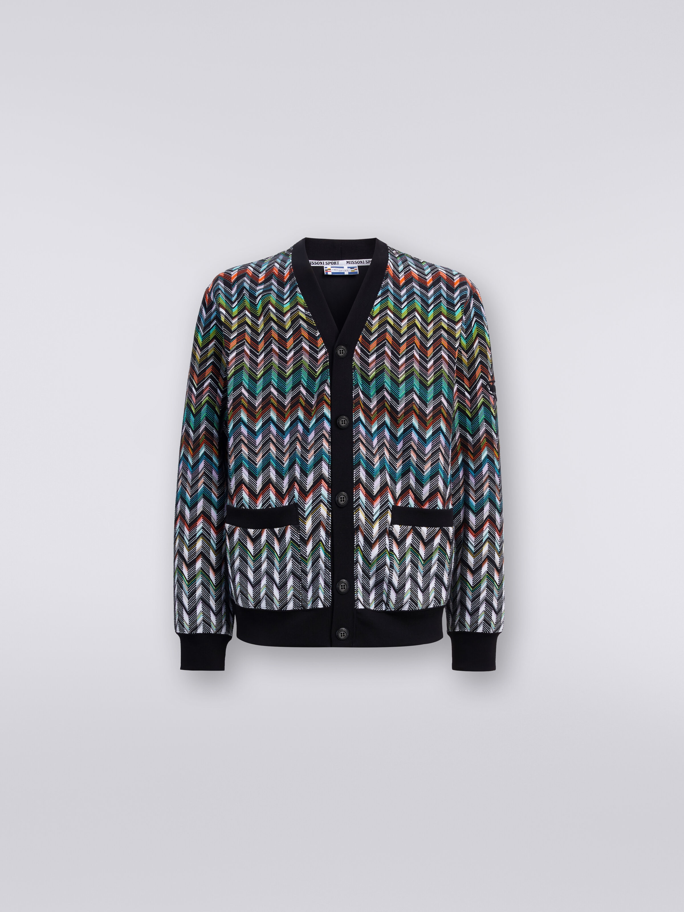 Cardigan in zigzag knit with plain trim, Multicoloured  - 0