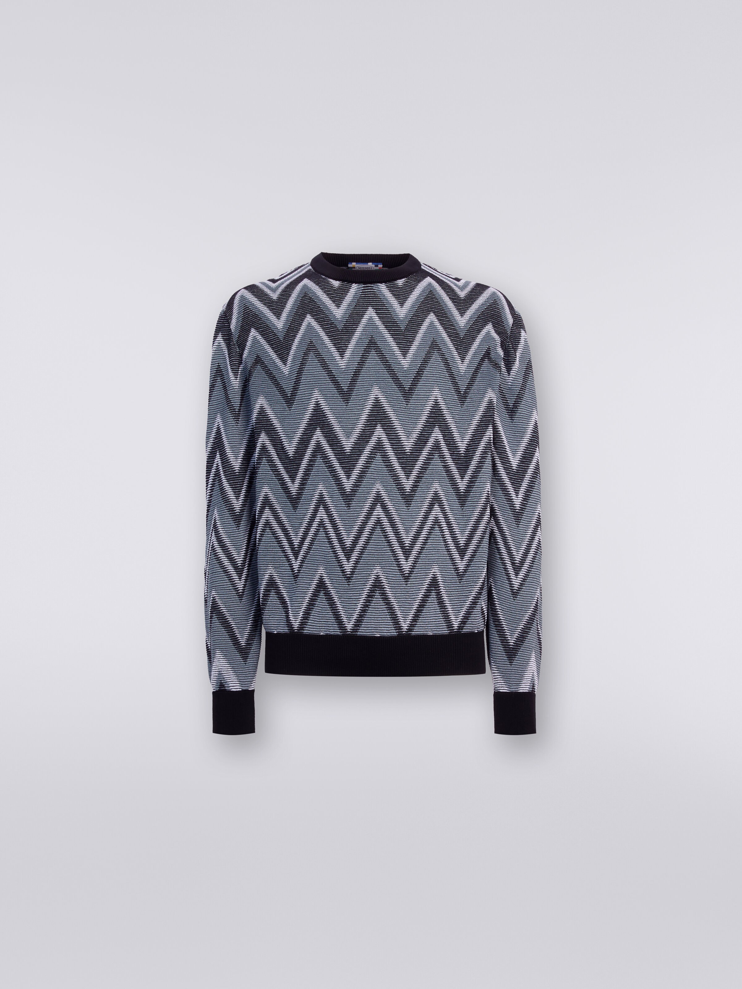 Crew-neck pullover in zigzag cotton, Multicoloured  - 0