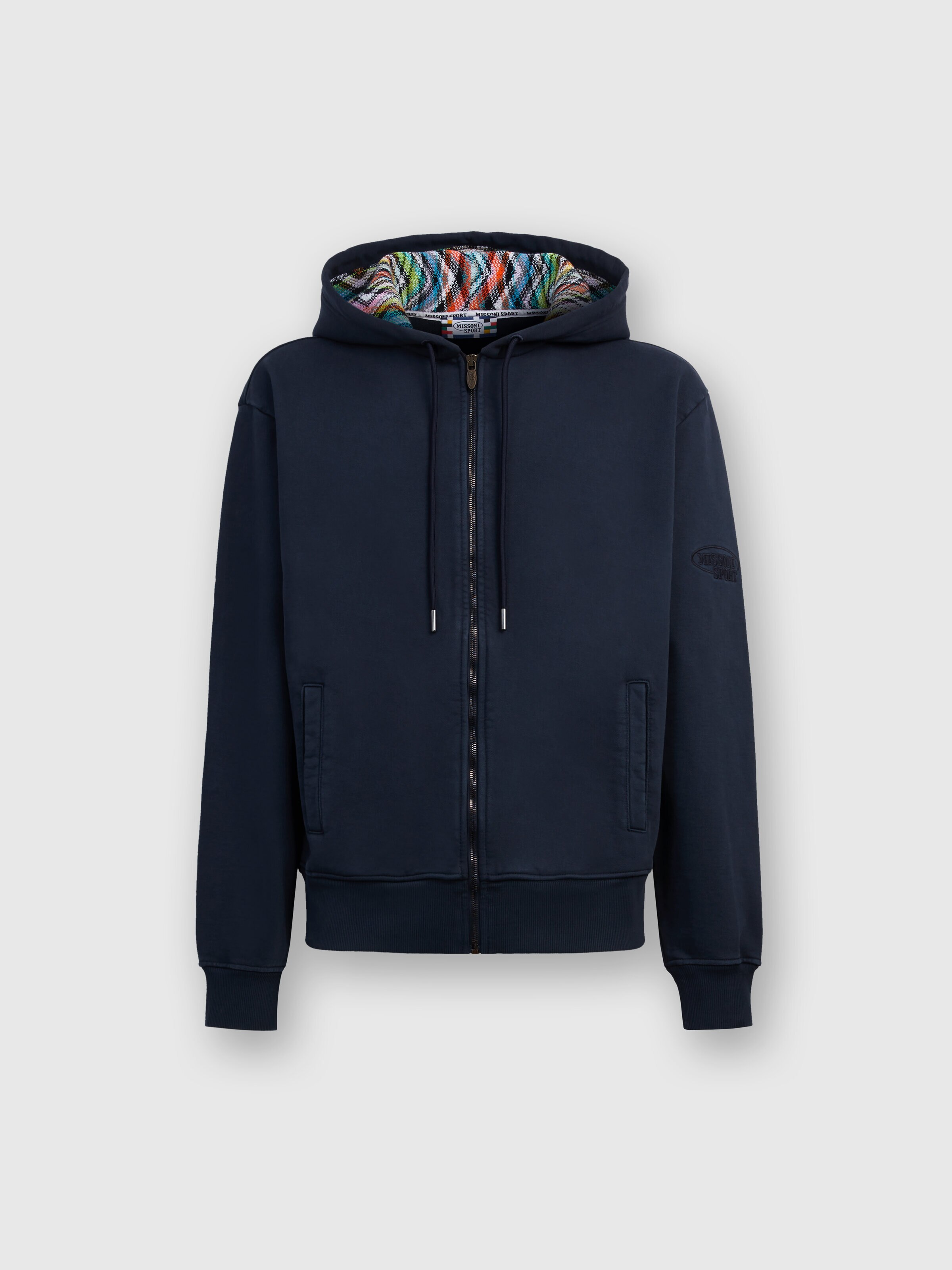 Cardigan in cotton fleece with knitted lined hood, Navy Blue  - 0