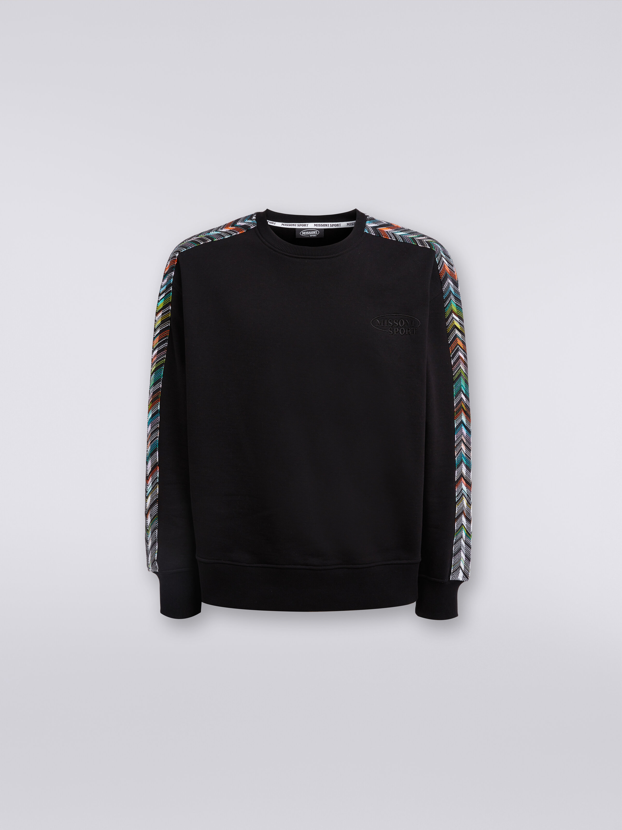 Baumwollsweatshirt mit Rundhalsausschnitt und Strickdetails im Zickzackmuster, Schwarz    - 0