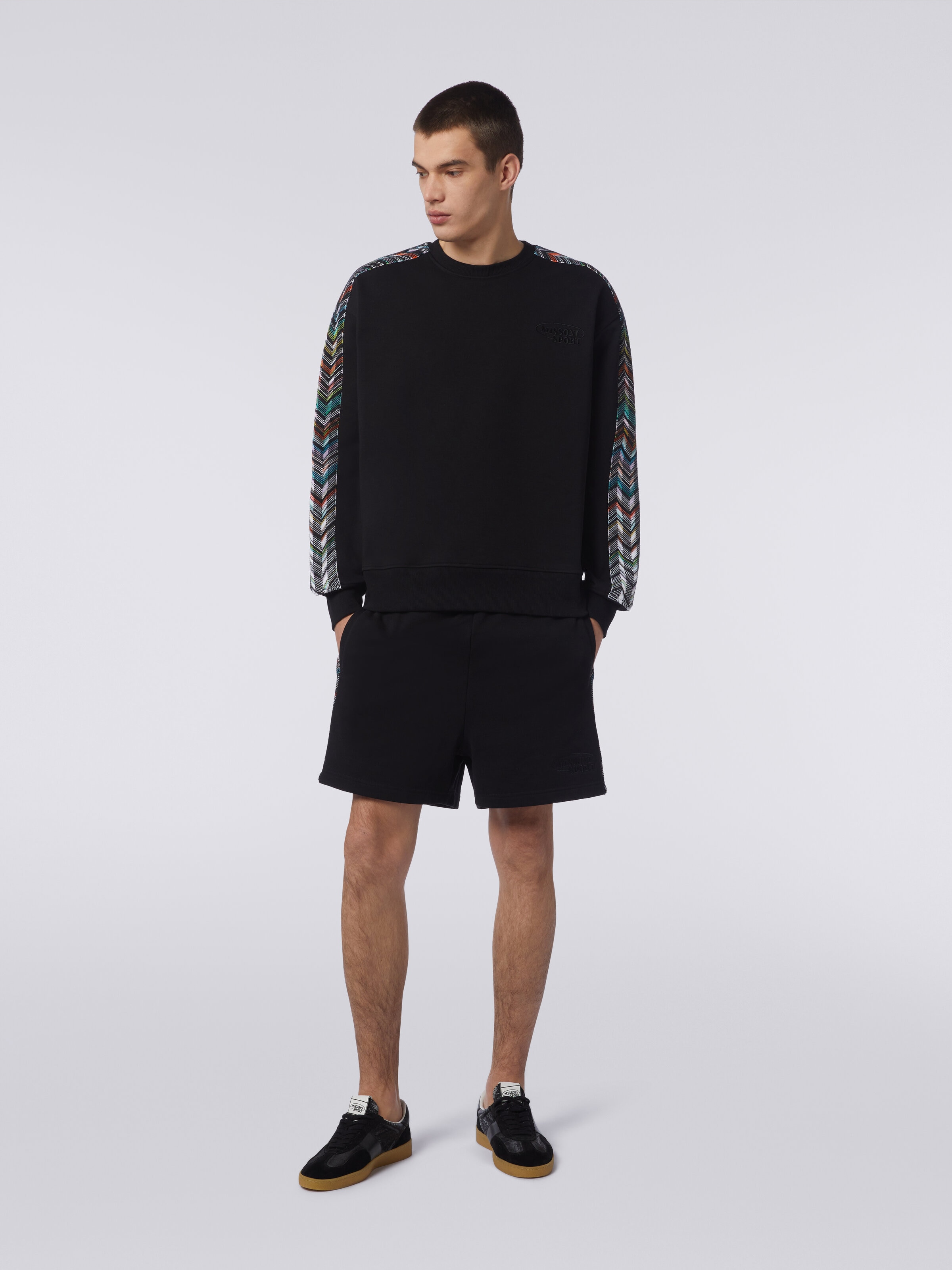 Crew-neck sweatshirt in cotton with zigzag knit details, Black    - 1