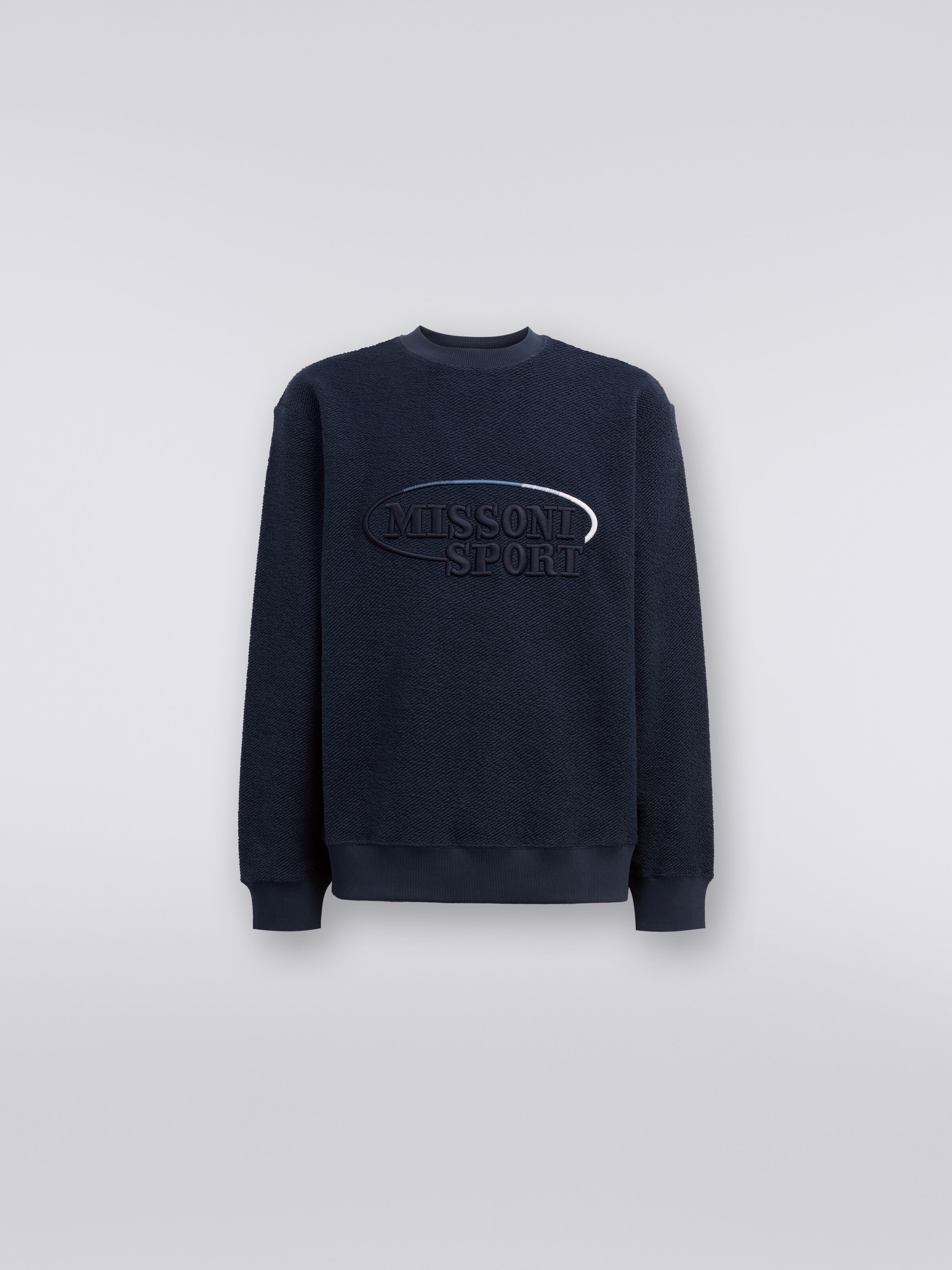Crew-neck sweatshirt in brushed cotton with large embroidered logo, Navy Blue  - 0