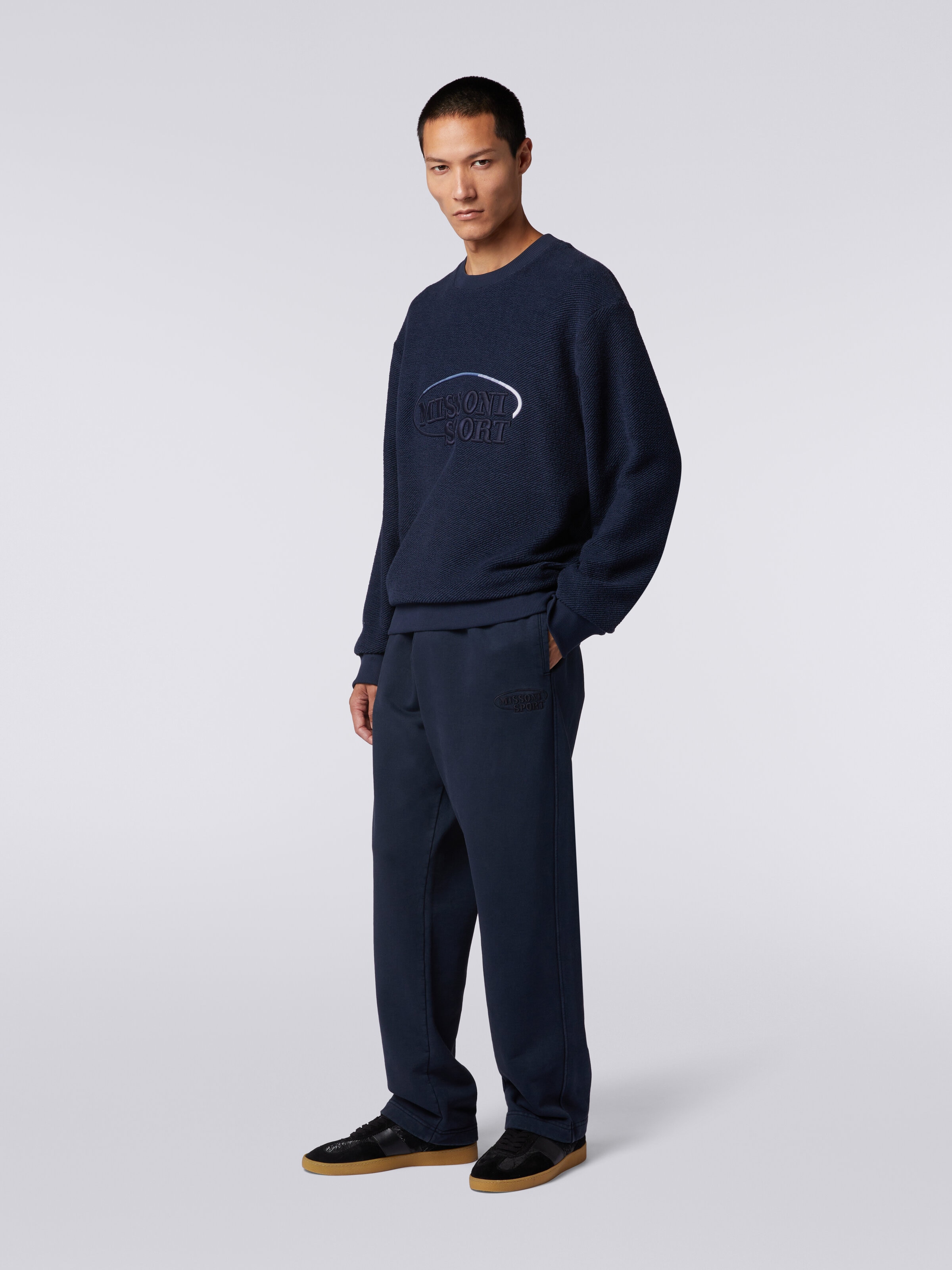 Crew-neck sweatshirt in brushed cotton with large embroidered logo, Navy Blue  - 2