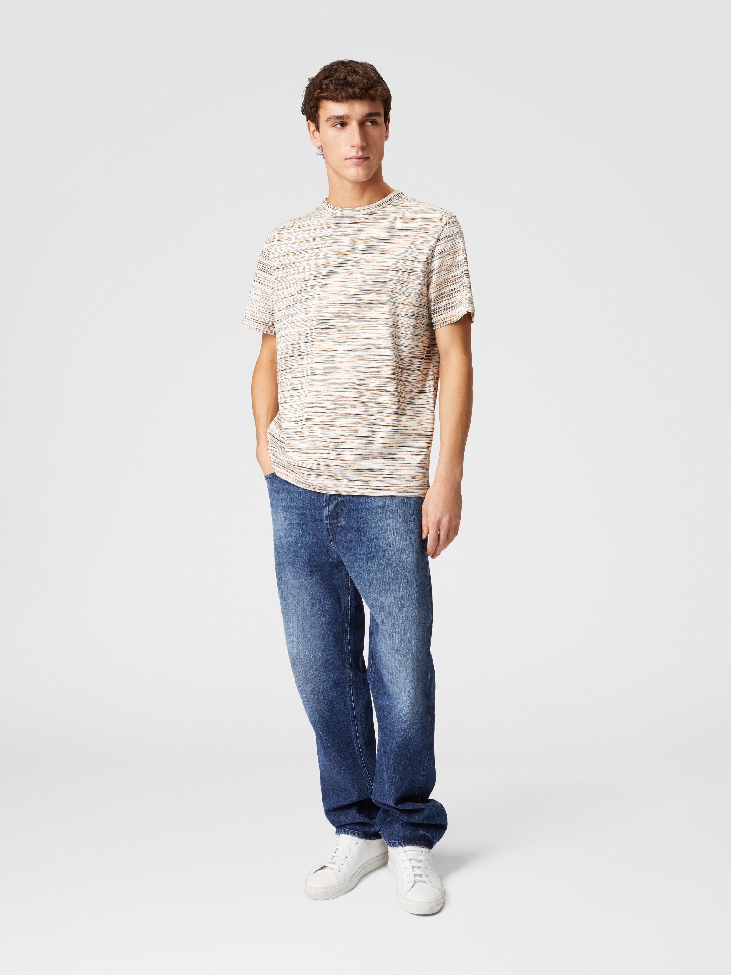 Slub cotton crew-neck T-shirt, White  & Orange - 1