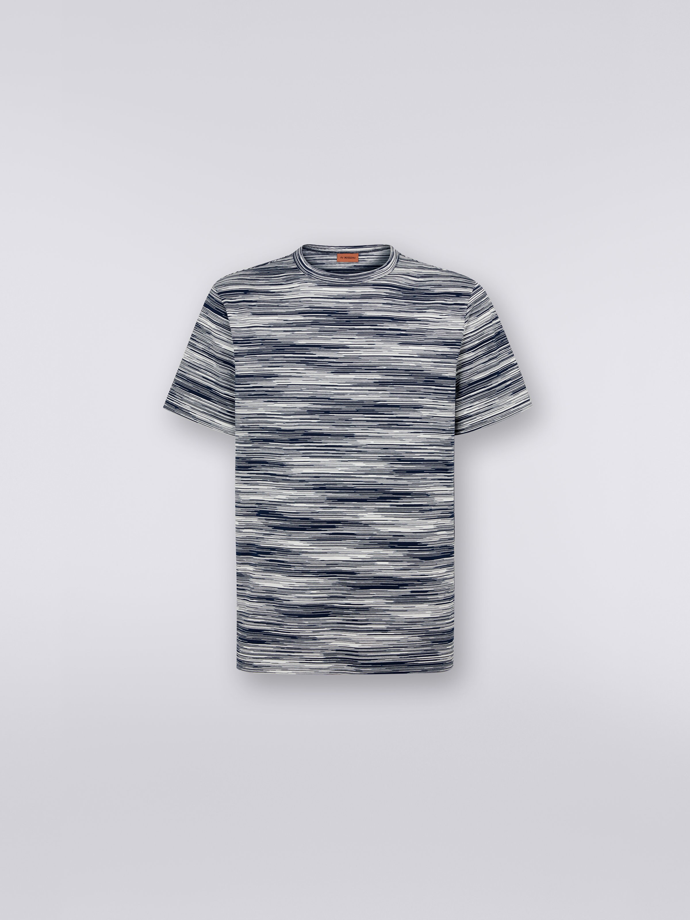 T-shirt à col ras du cou en coton flammé, Blanc, Noir & Bleu Marine - 0