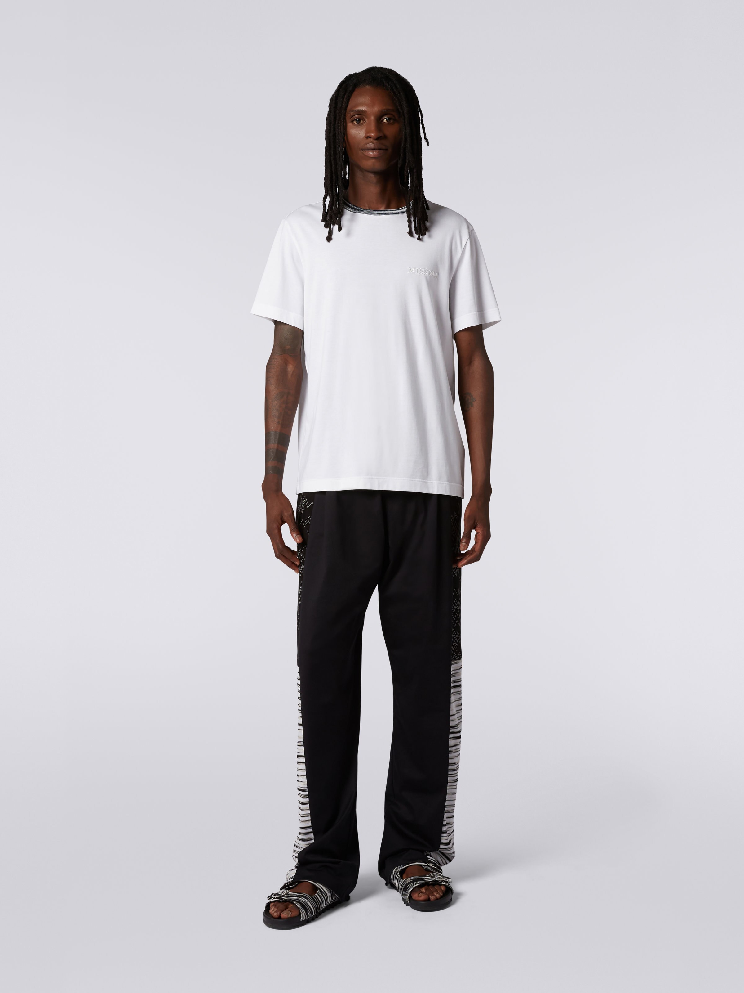 Crew-neck cotton T-shirt with contrasting detail and logo lettering, White  - 1