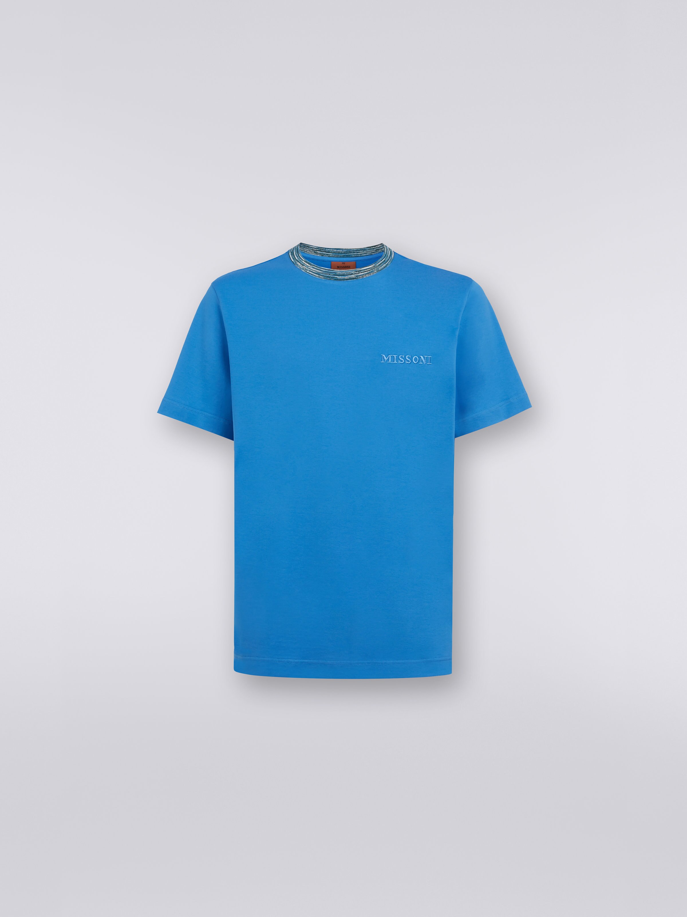 Crew-neck cotton T-shirt with contrasting detail and logo lettering, White & Blue - 0