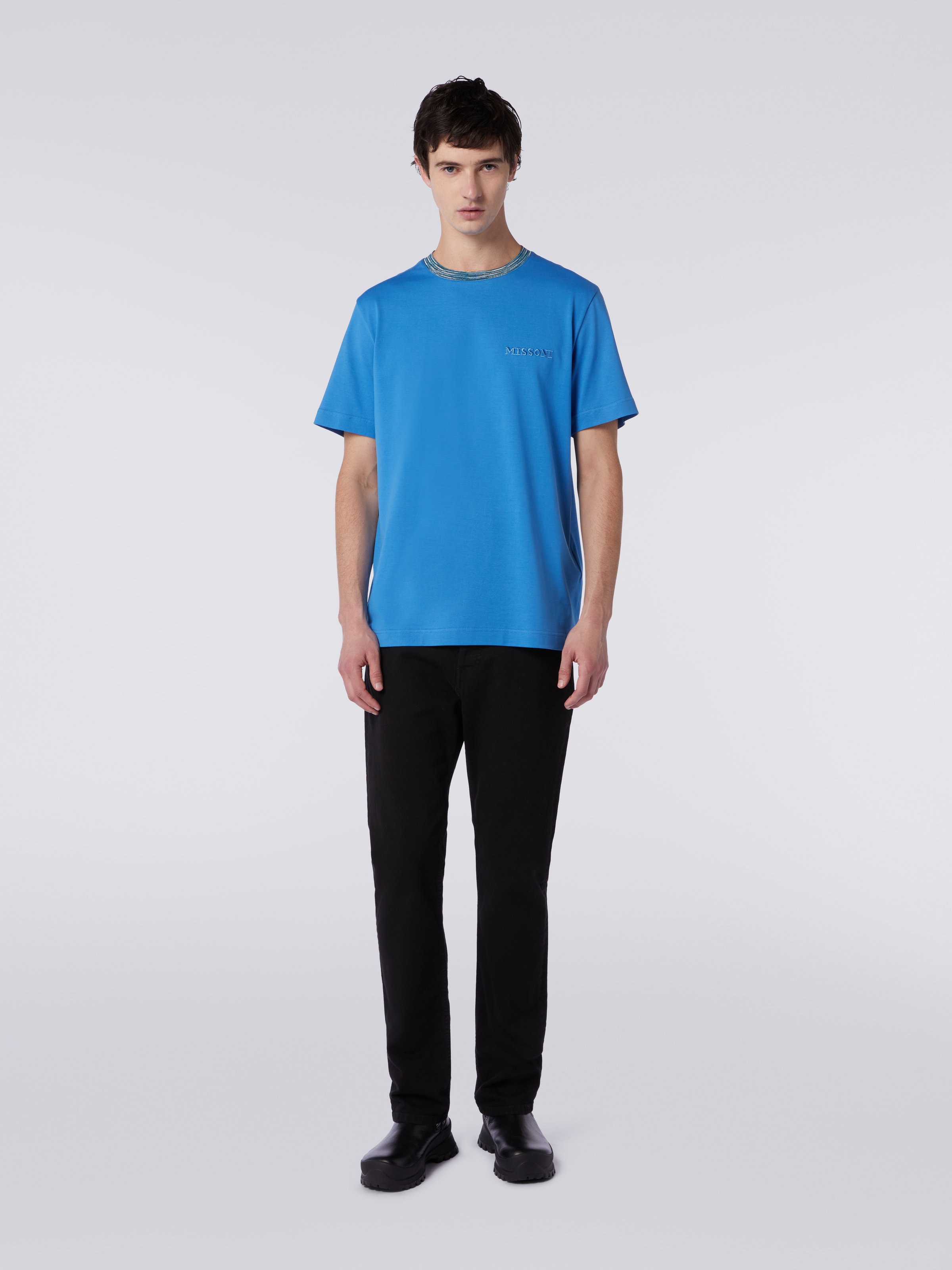 Crew-neck cotton T-shirt with contrasting detail and logo lettering, White & Blue - 1
