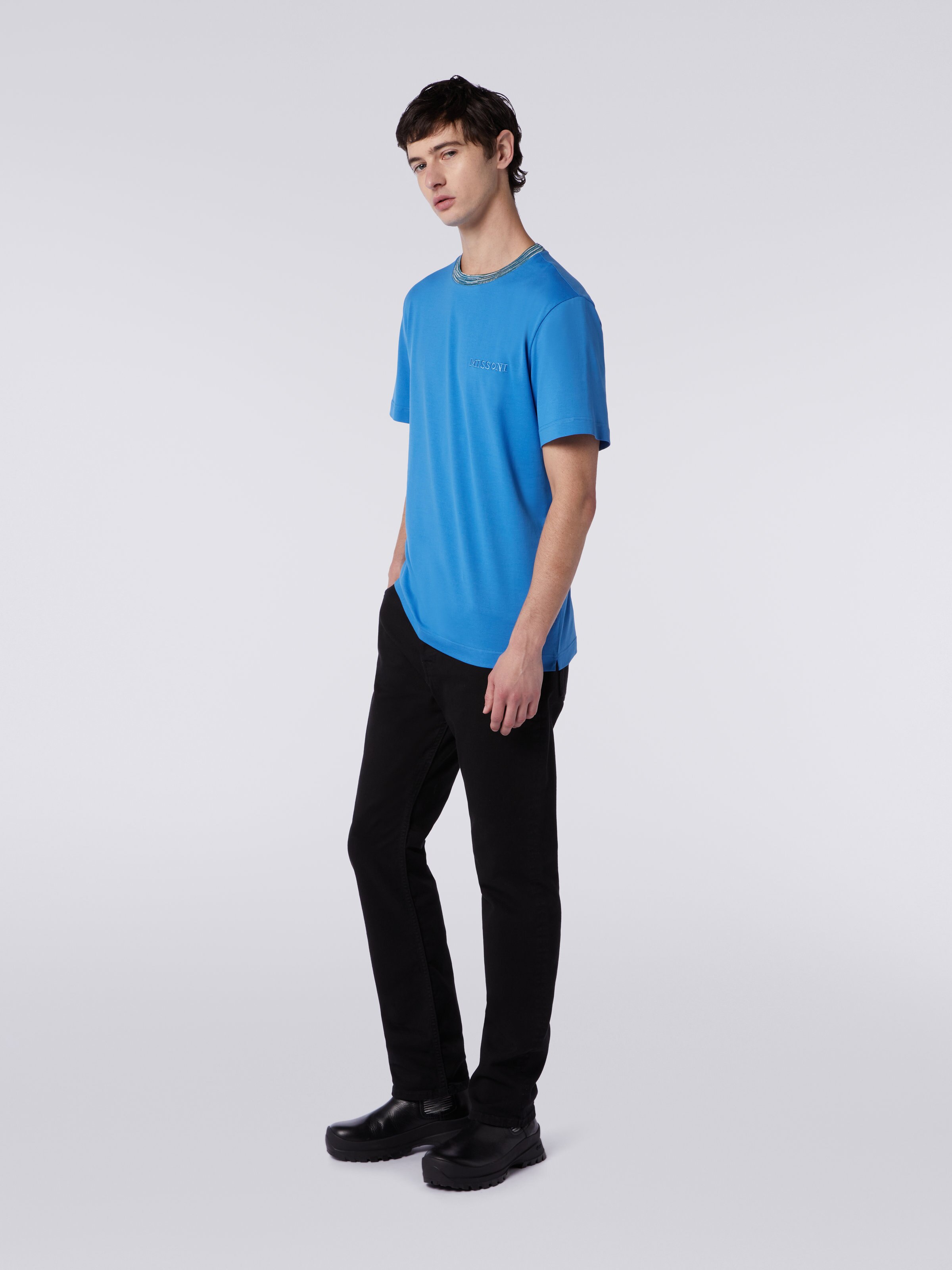 Crew-neck cotton T-shirt with contrasting detail and logo lettering, White & Blue - 2