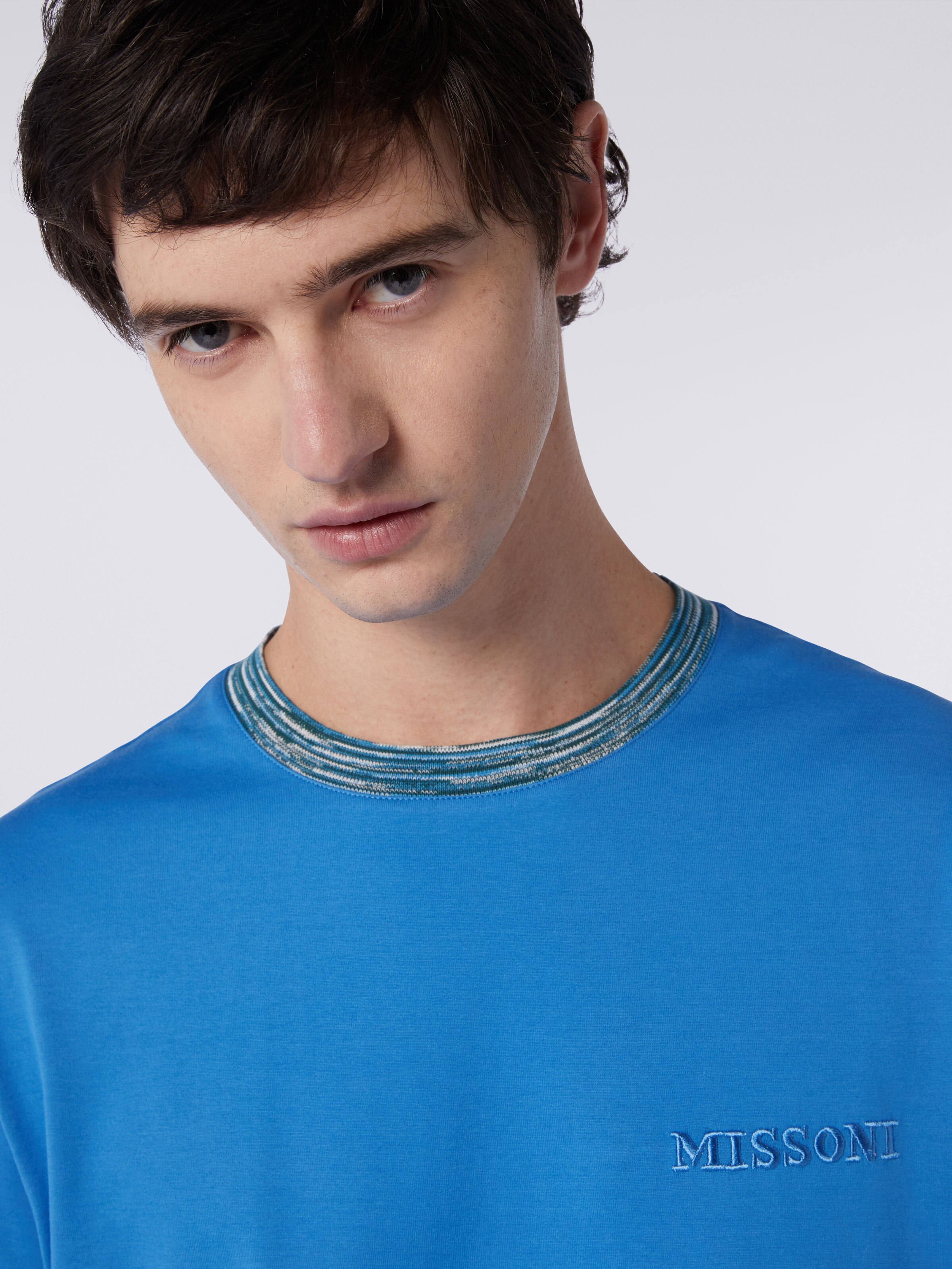 Crew-neck cotton T-shirt with contrasting detail and logo lettering, White & Blue - 4