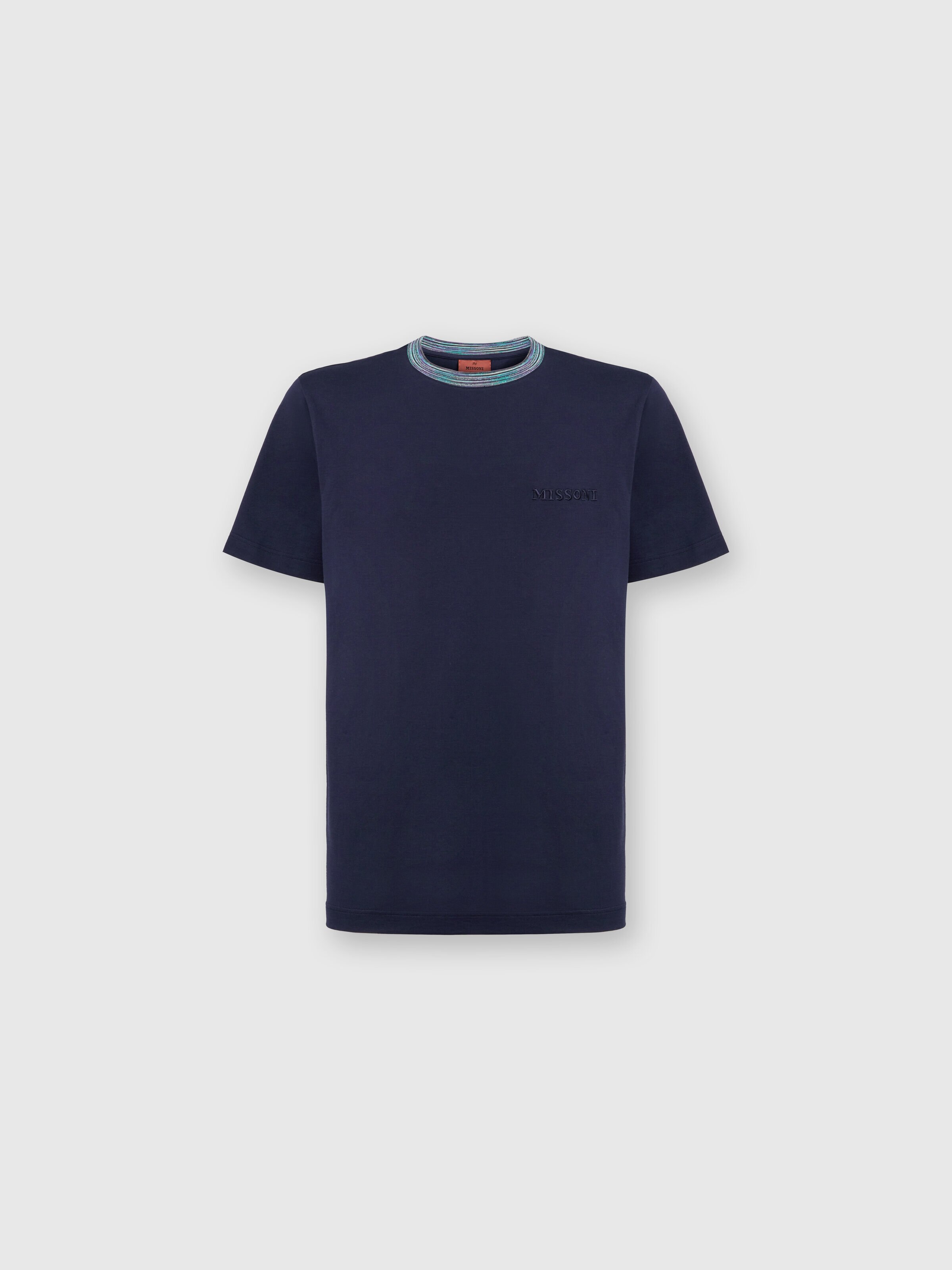 T-shirt en coton à col ras du cou avec détails contrastés et logo inscrit, Bleu & Multicolore  - 0
