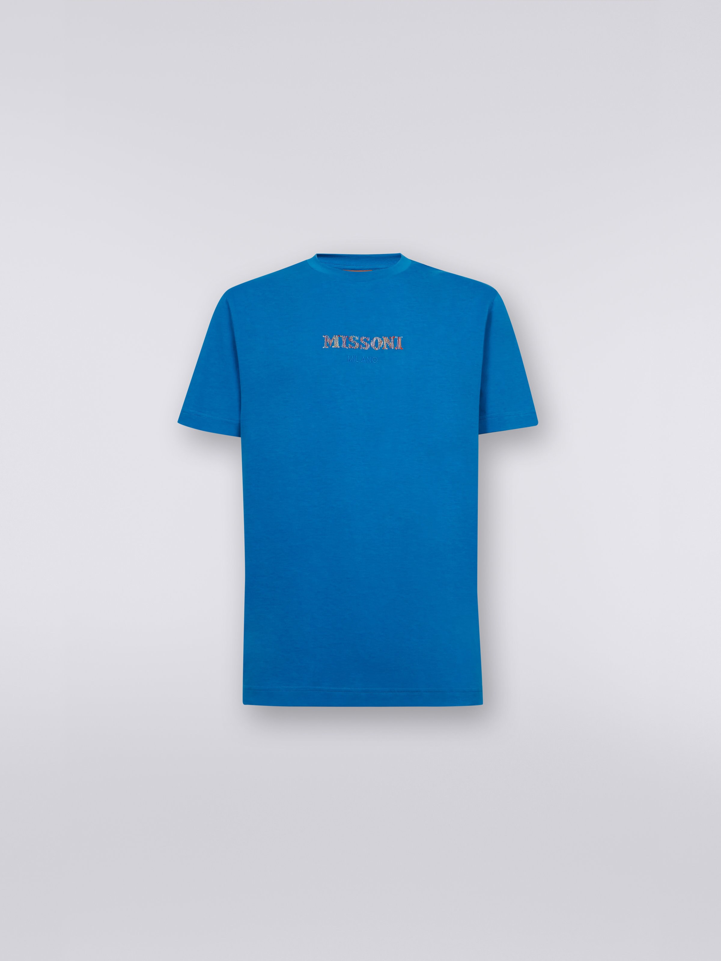 T-shirt en coton à col ras du cou avec logo brodé, Bleu - 0
