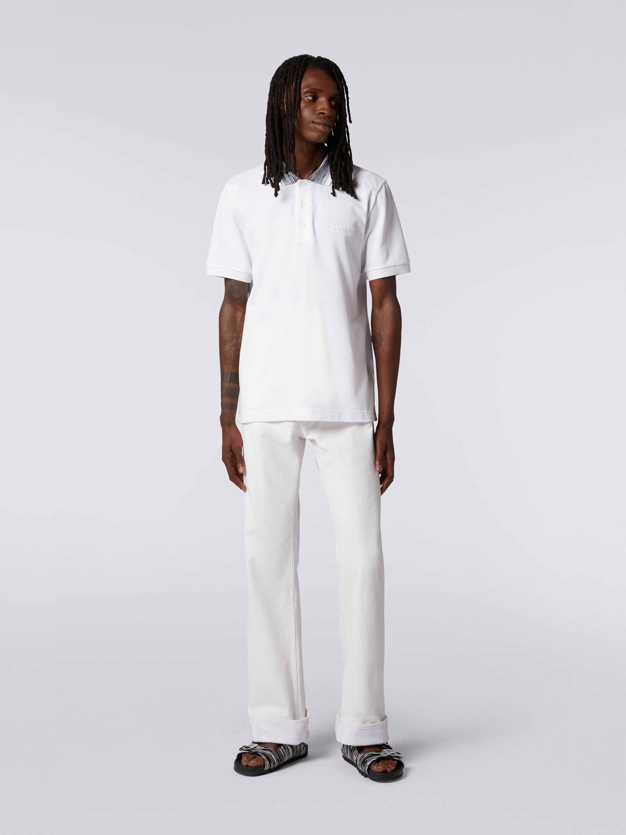 Cotton polo shirt with slub collar and logo lettering, White  - 1