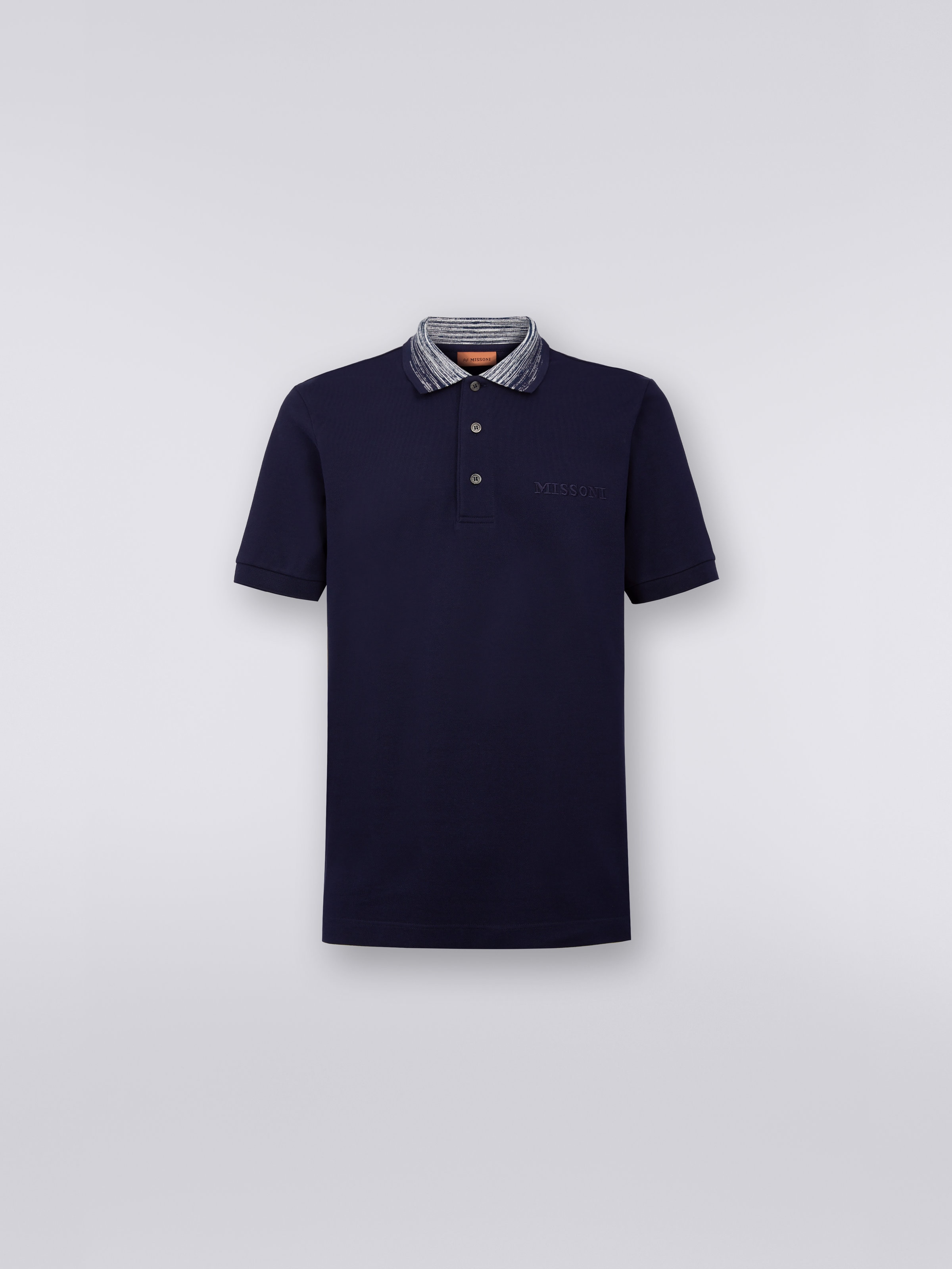 Cotton polo shirt with slub collar and logo lettering, Navy Blue - 0