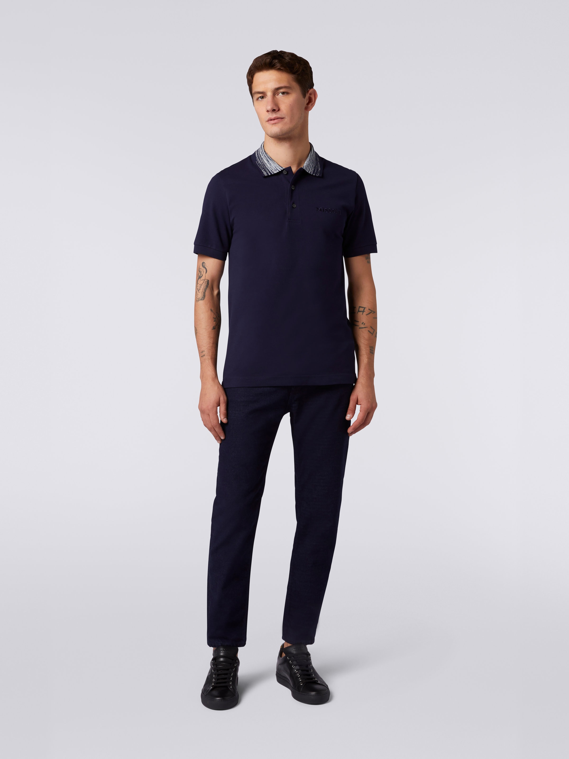 Cotton polo shirt with slub collar and logo lettering, Navy Blue - 1