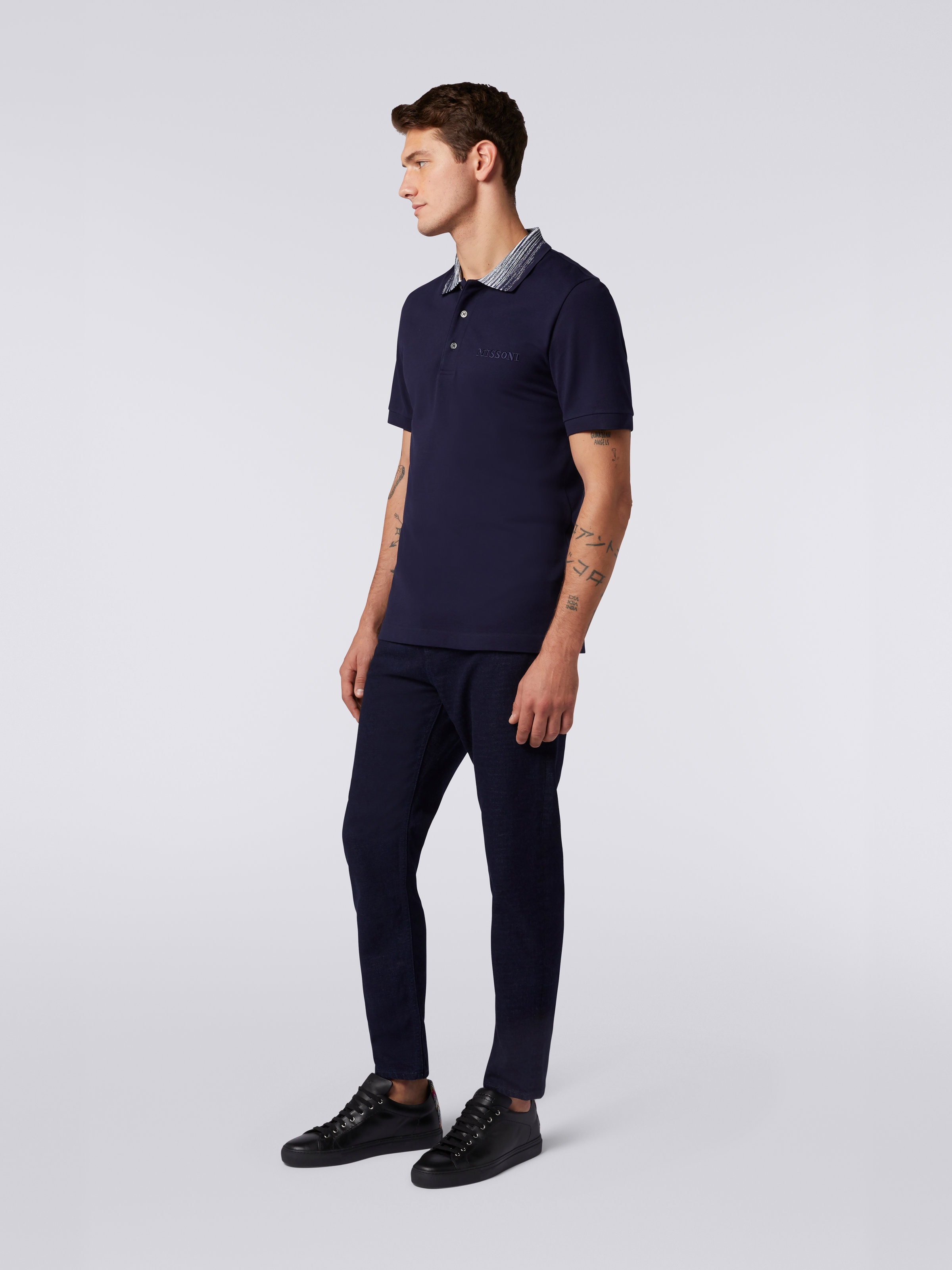 Cotton polo shirt with slub collar and logo lettering, Navy Blue - 2