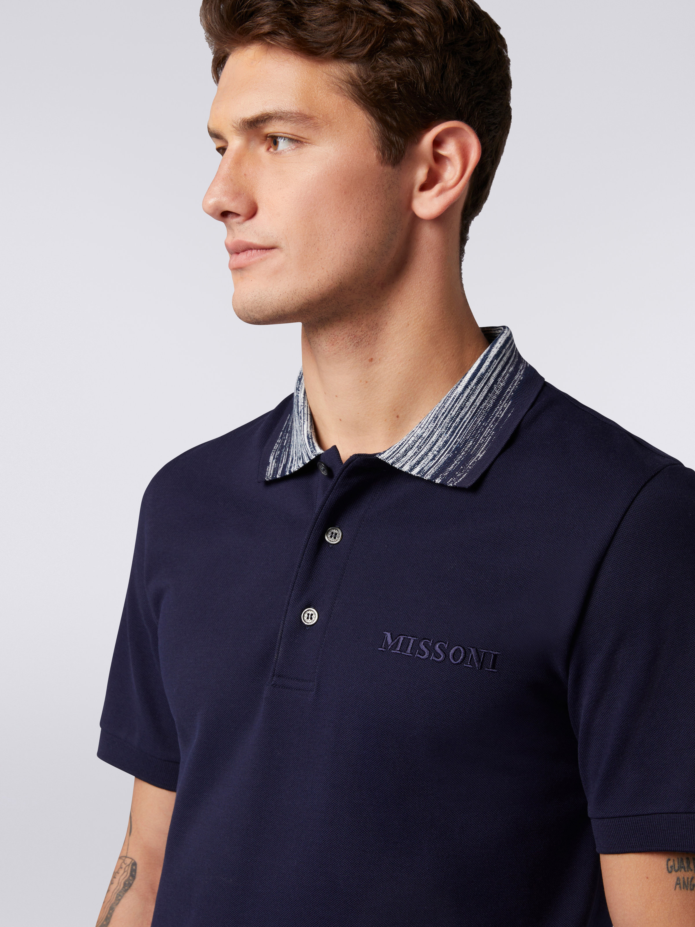 Cotton polo shirt with slub collar and logo lettering, Navy Blue - 4
