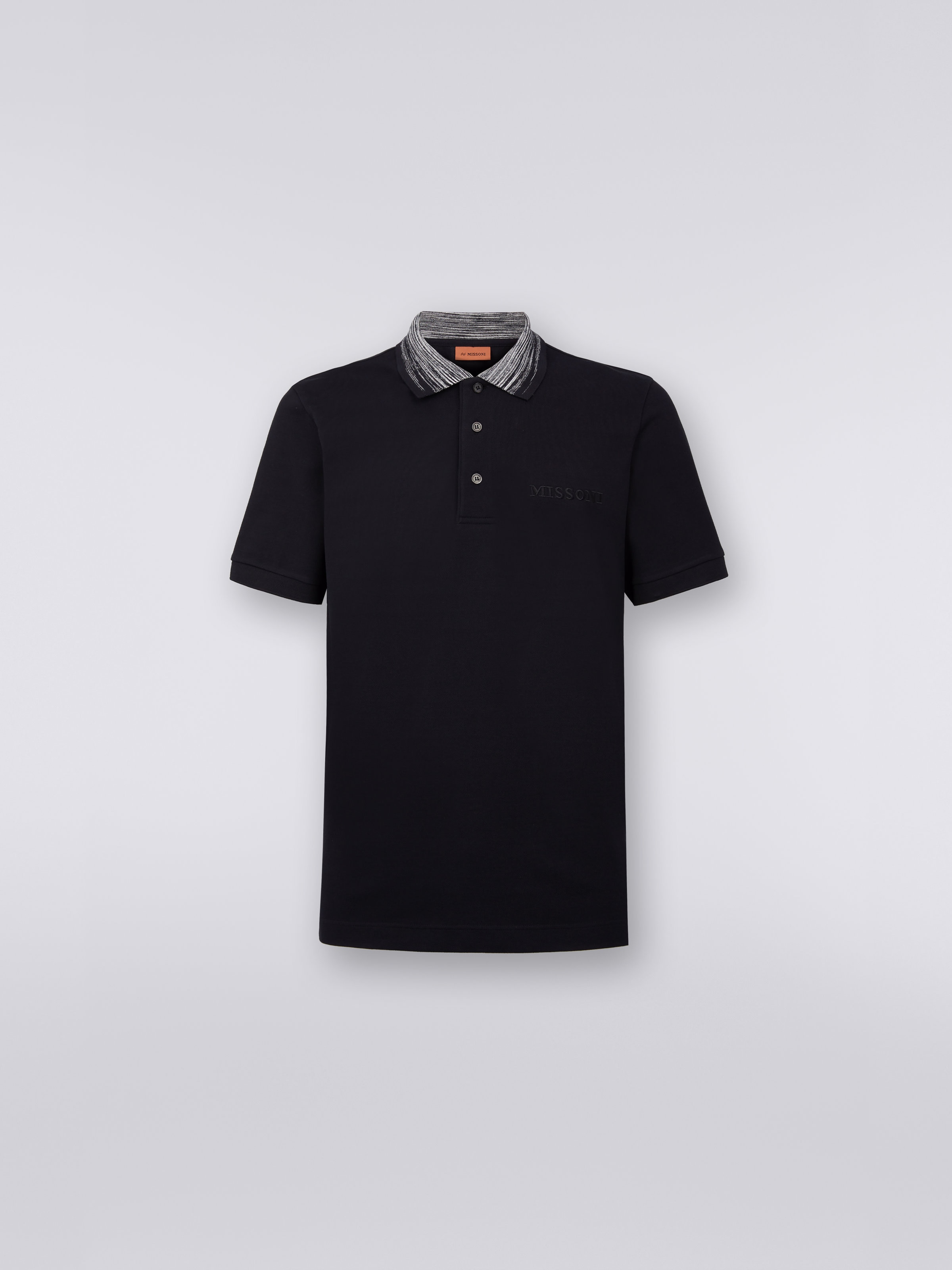 Cotton polo shirt with slub collar and logo lettering, Black    - 0