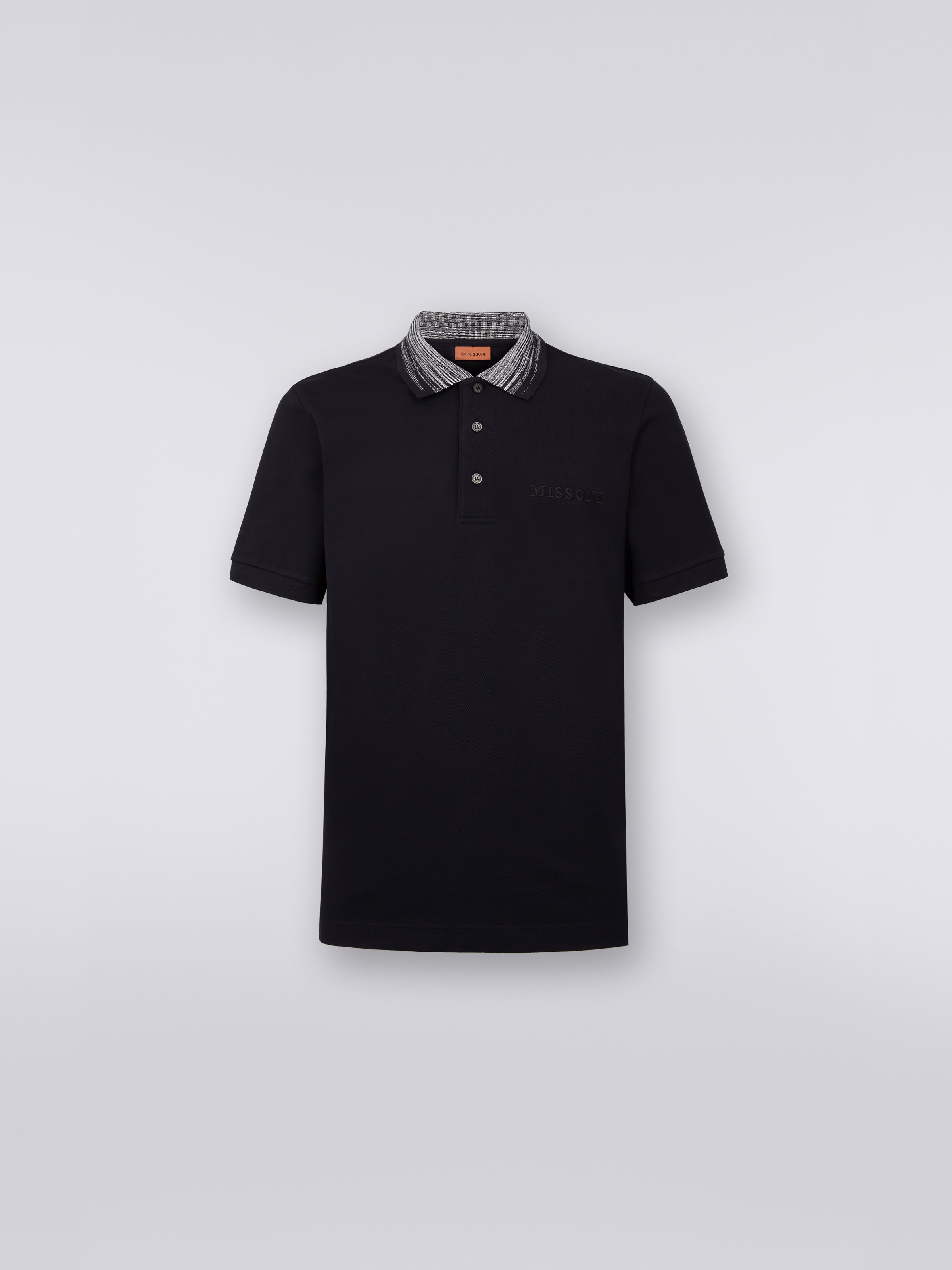 Polo in cotone con colletto fiammato e scritta logo, Nero    - 0