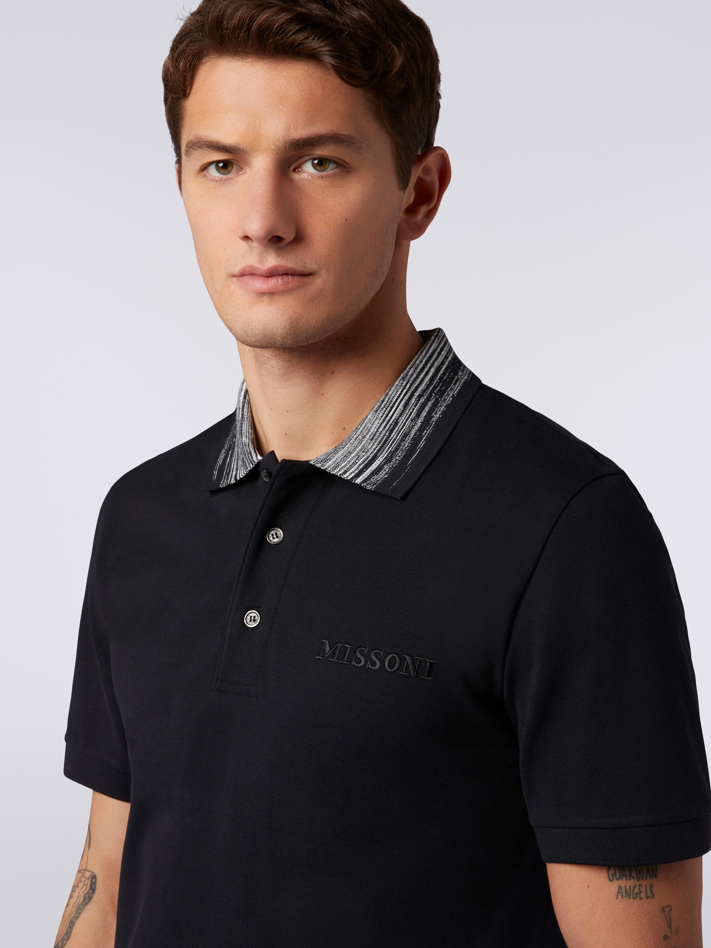 Cotton polo shirt with slub collar and logo lettering, Black    - 4