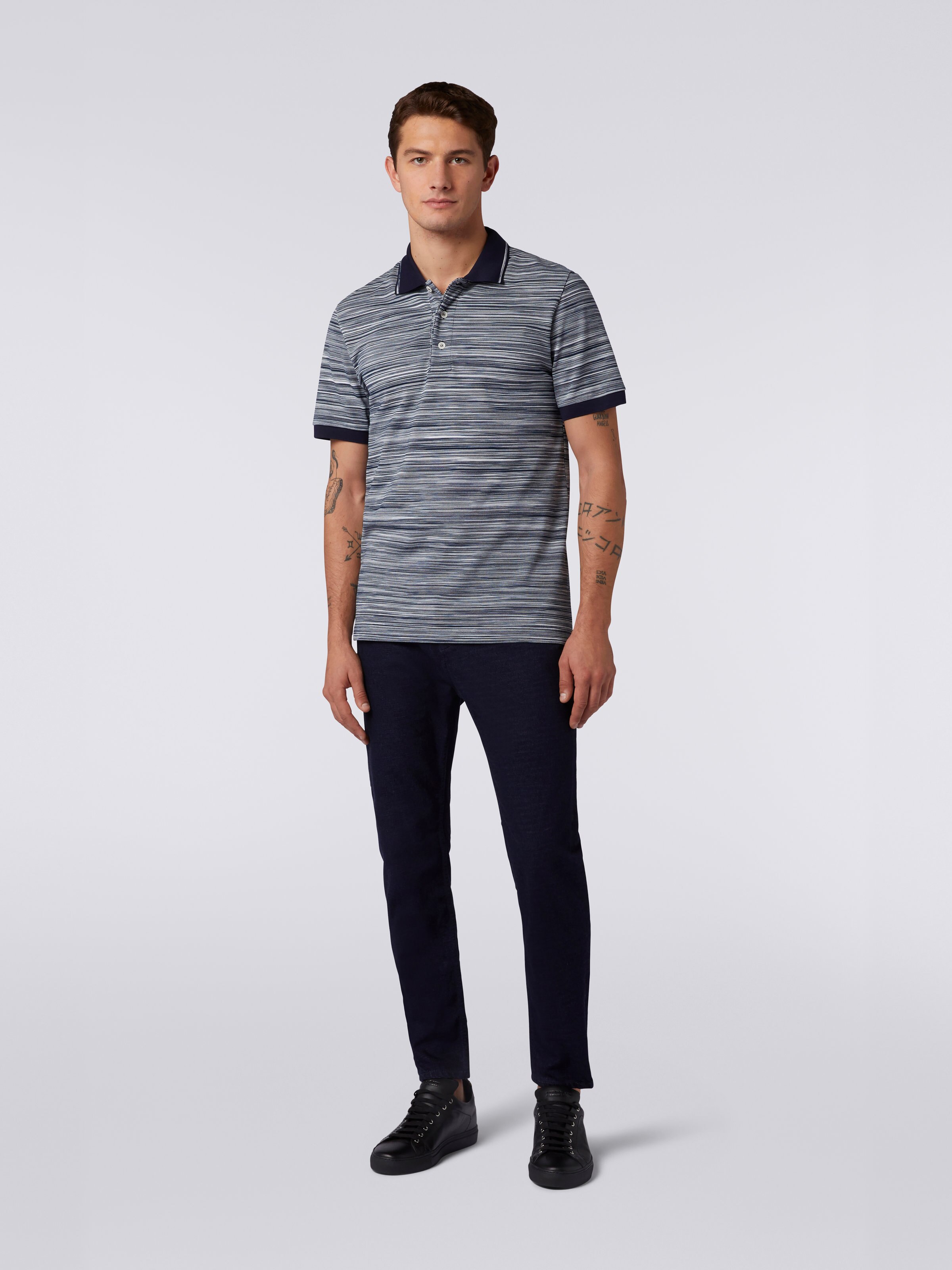 Slub cotton polo shirt with plain details, White & Navy Blue - 1