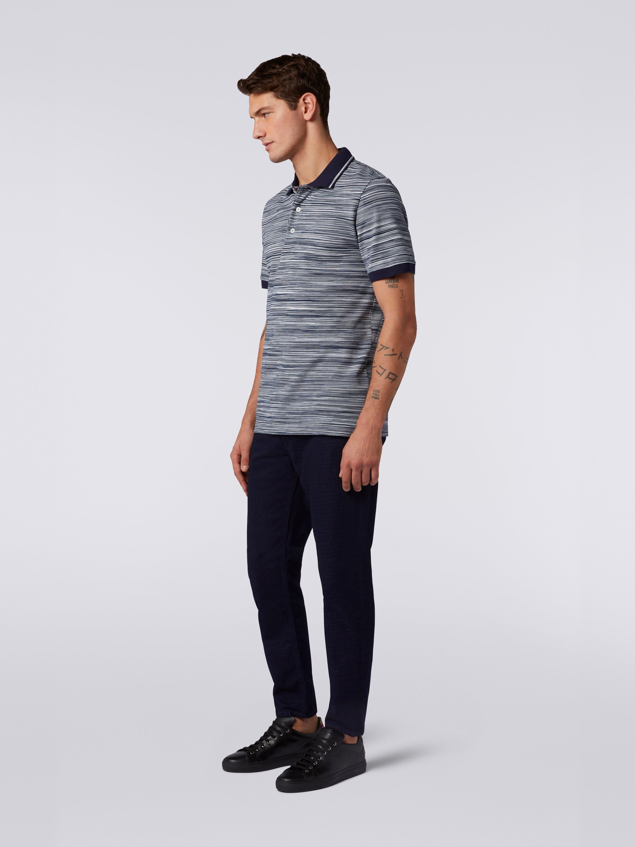 Slub cotton polo shirt with plain details, White & Navy Blue - 2