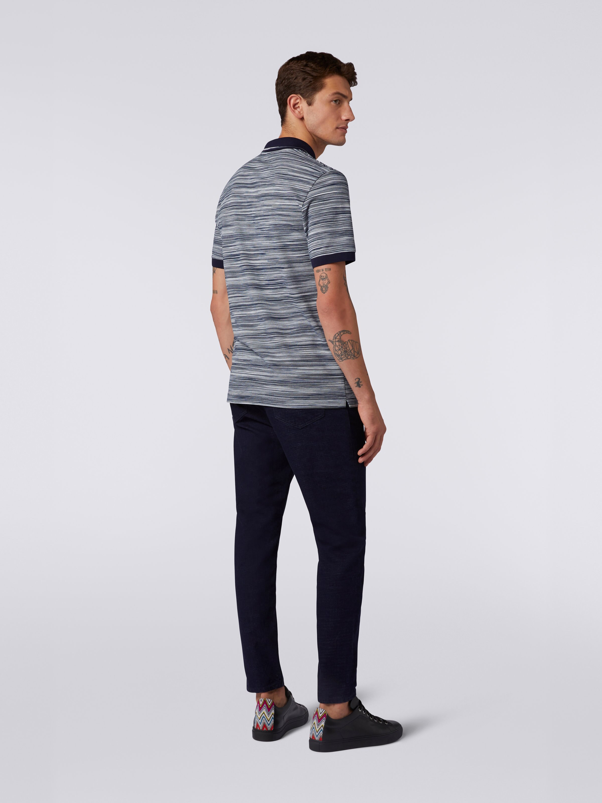 Slub cotton polo shirt with plain details, White & Navy Blue - 3