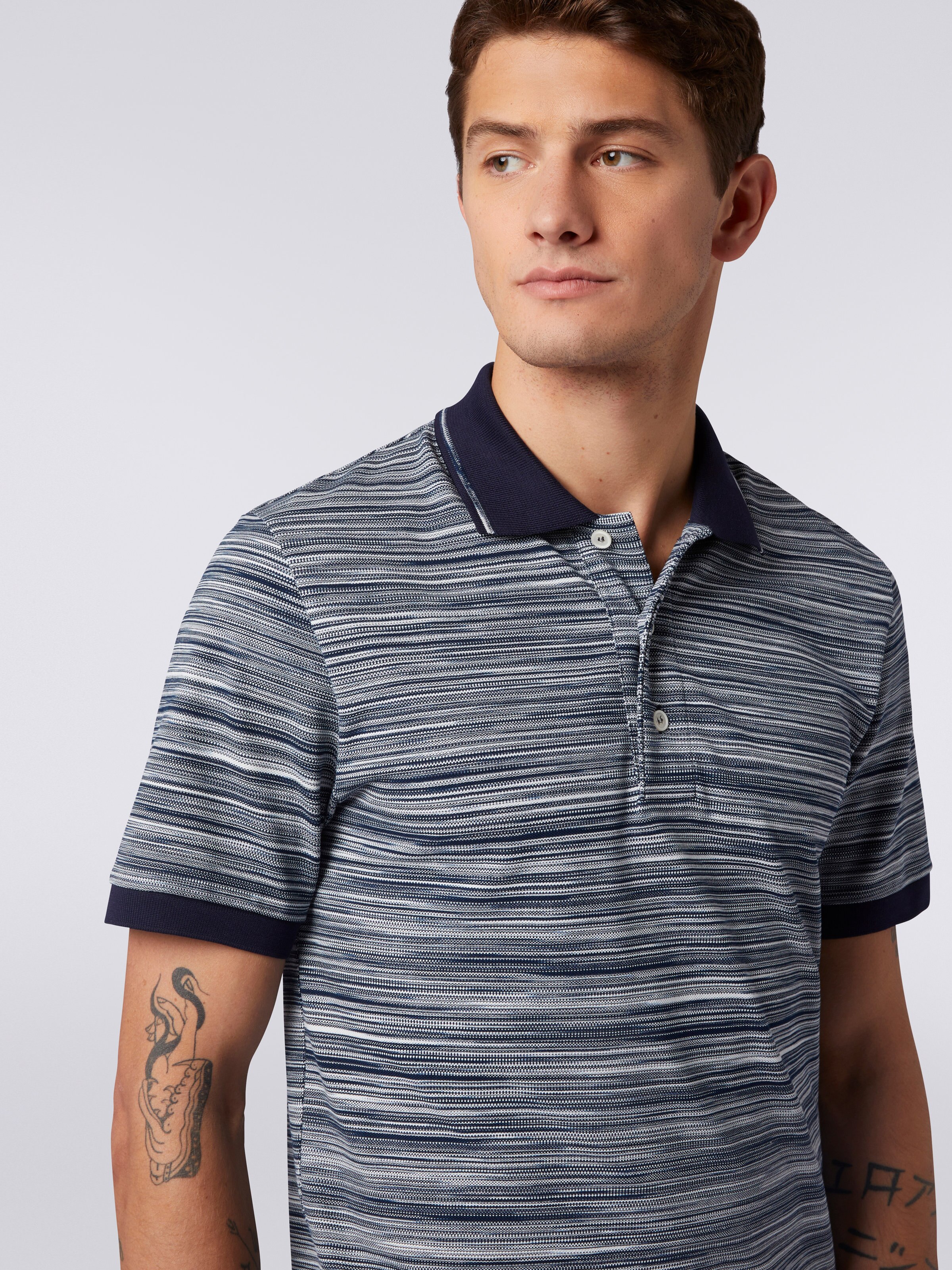 Slub cotton polo shirt with plain details, White & Navy Blue - 4